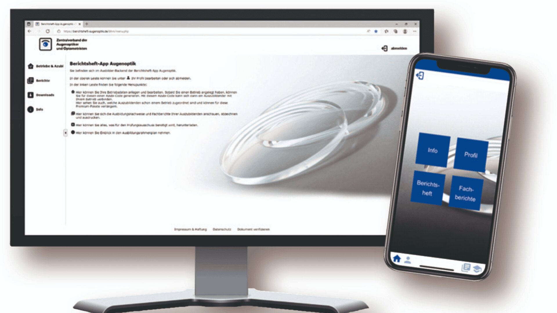 Auf einem Computermonitor wird eine Webseite mit deutschem Text angezeigt, daneben liegt ein Smartphone, das eine App-Oberfläche mit blauen, quadratischen Symbolen mit den Bezeichnungen Info, Profil, Berichtsheft und Fachberichte zeigt.