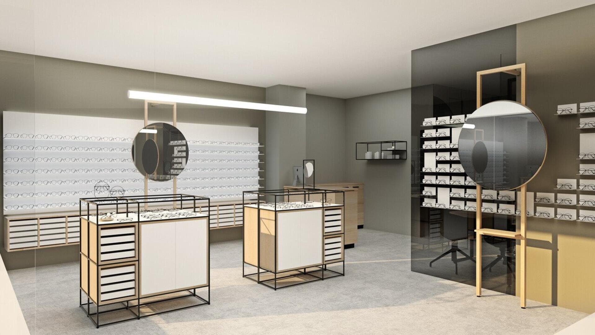 Modern optical store interior with display tables holding eyeglass frames, wall shelves filled with glasses, a large round mirror, and minimalistic decor in neutral tones.