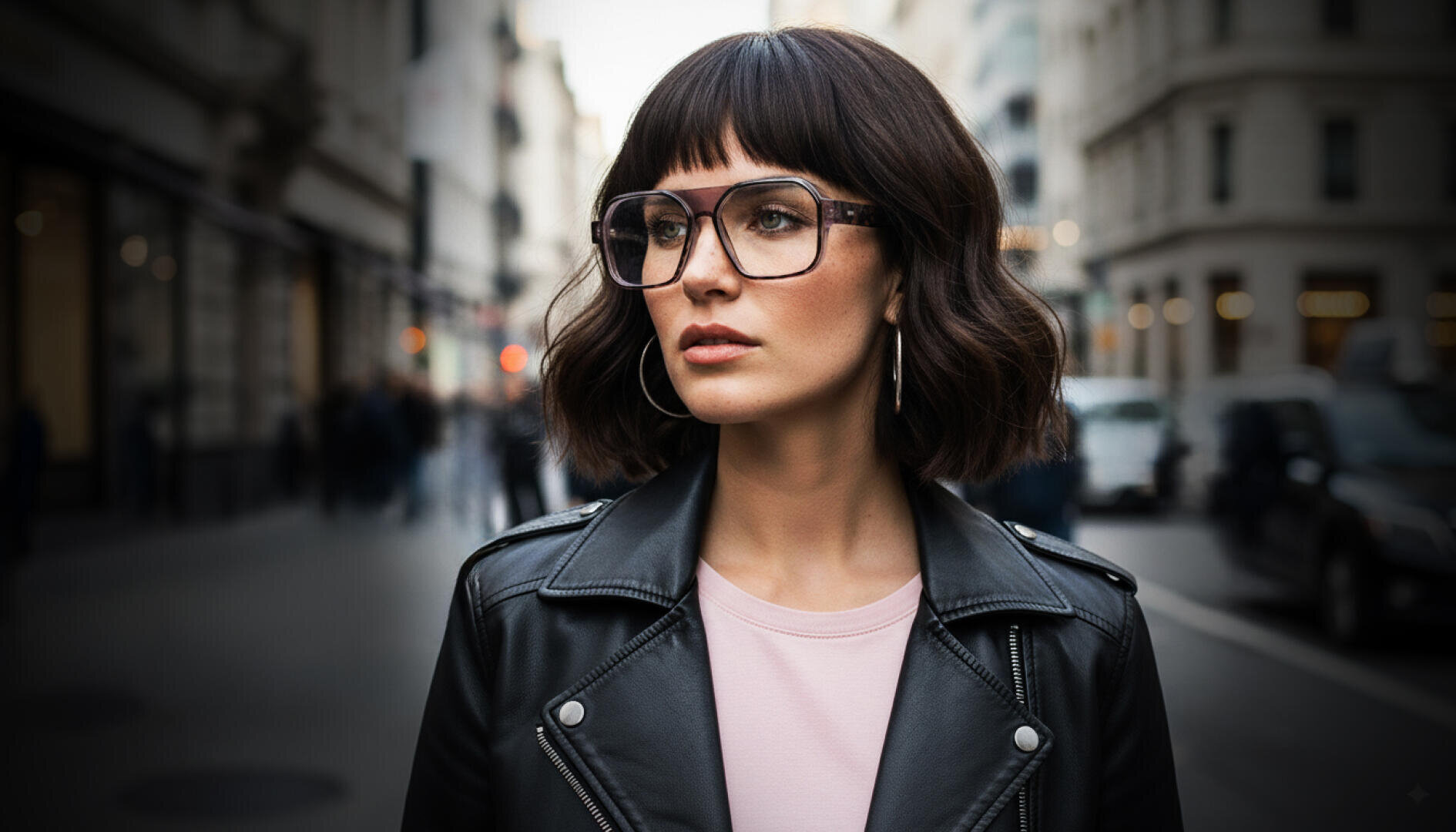 Eine Frau mit schulterlangen dunklen Haaren, die eine große Brille, eine schwarze Lederjacke und ein hellrosa Hemd trägt, steht auf einer Stadtstraße mit Gebäuden und verschwommenen Fußgängern im Hintergrund.