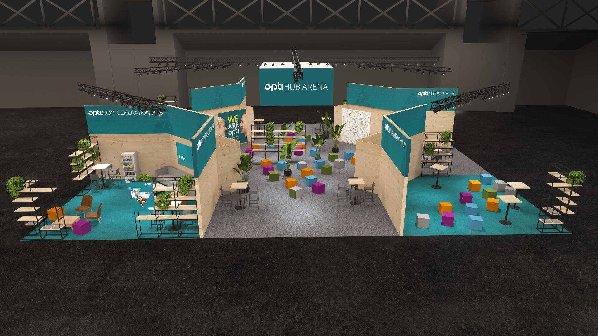 Moderner Messestand mit Akzenten in Blaugrün und Holz, mit Lounge-Bereichen, bunten Sitzwürfeln, Pflanzen, Regalen und Schildern mit der Aufschrift „optHUB ARENA“. Deckenleuchten erhellen den offenen, einladenden Raum.
