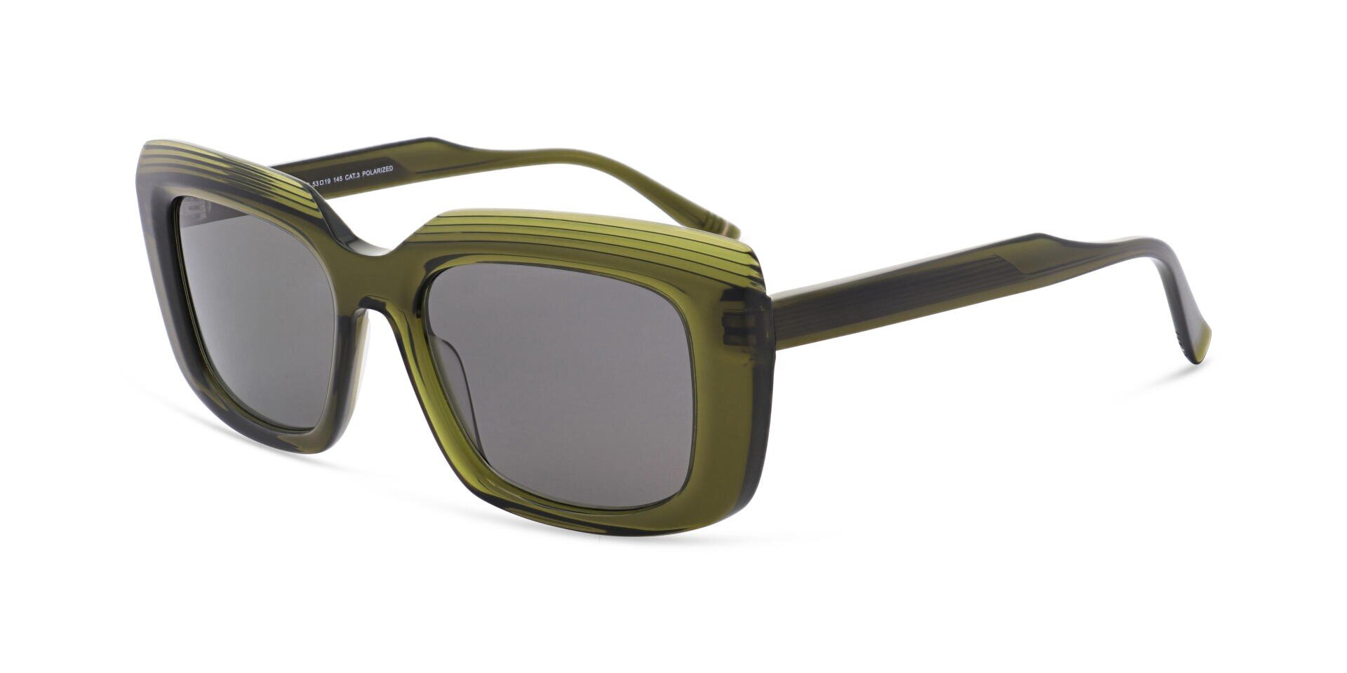 Olivgrüne quadratische Sonnenbrille in Übergröße mit dickem, geschichtetem Rahmen und dunkel getönten Gläsern, die in einem leichten Winkel auf weißem Hintergrund abgebildet sind.