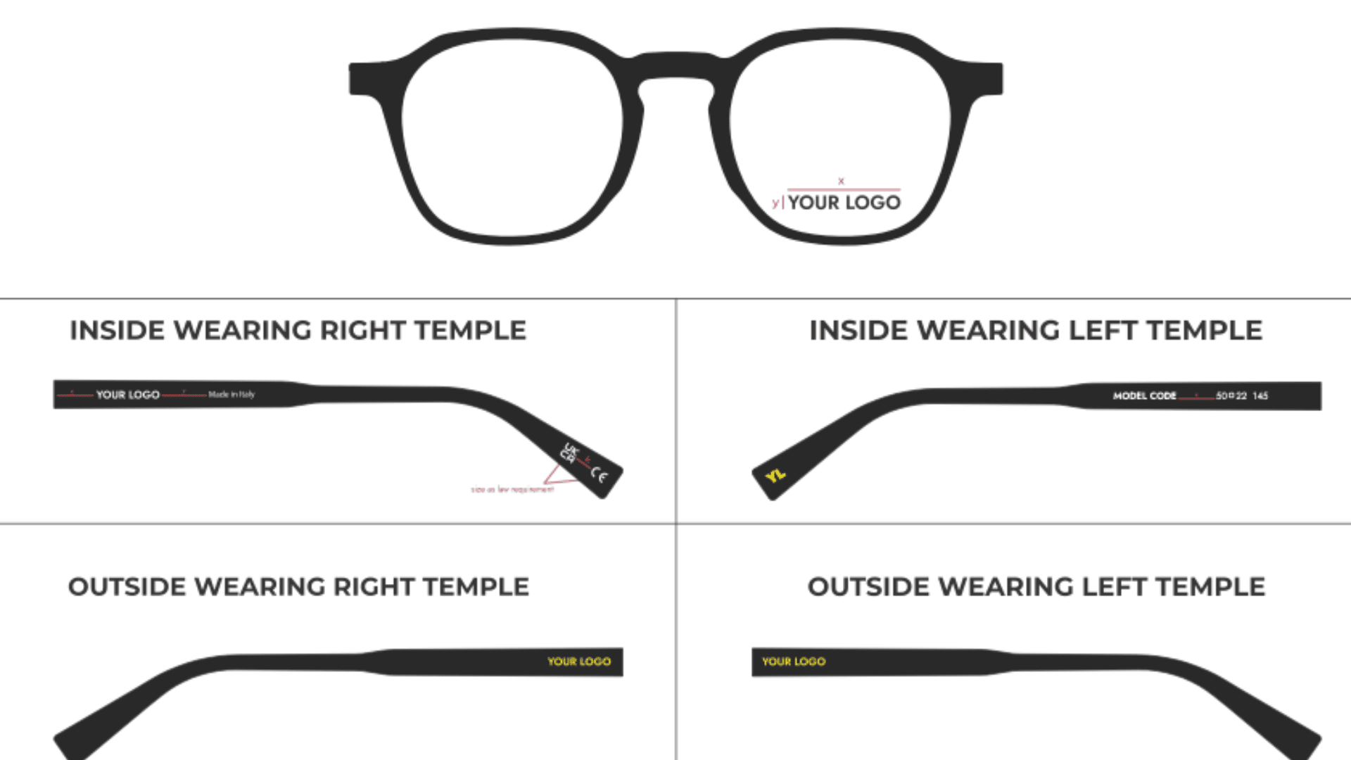 Diagram of eyeglasses showing label placement: front with logo, inside right temple with logo and details, inside left temple with code, outside right and left temples with logo placement areas.