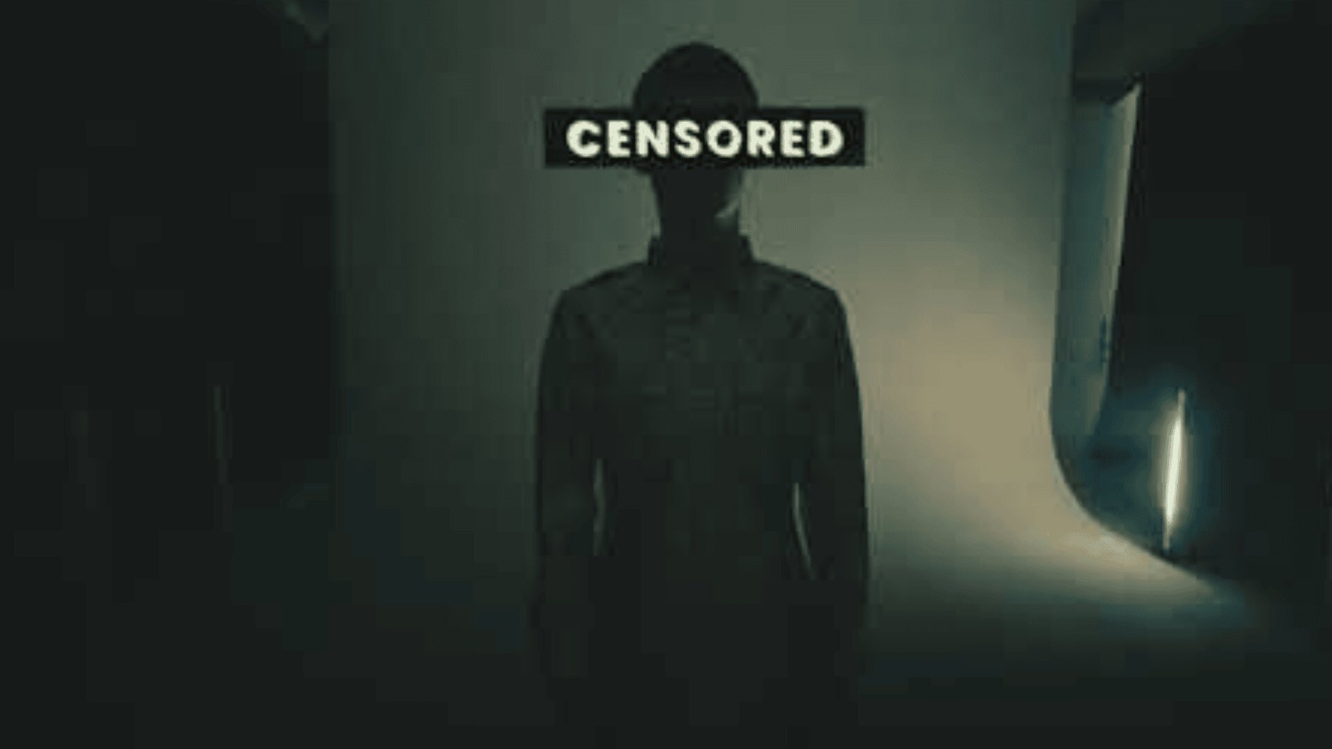 A person stands in a dimly lit room with their face obscured by a black bar labeled CENSORED, creating a mysterious and dramatic atmosphere.