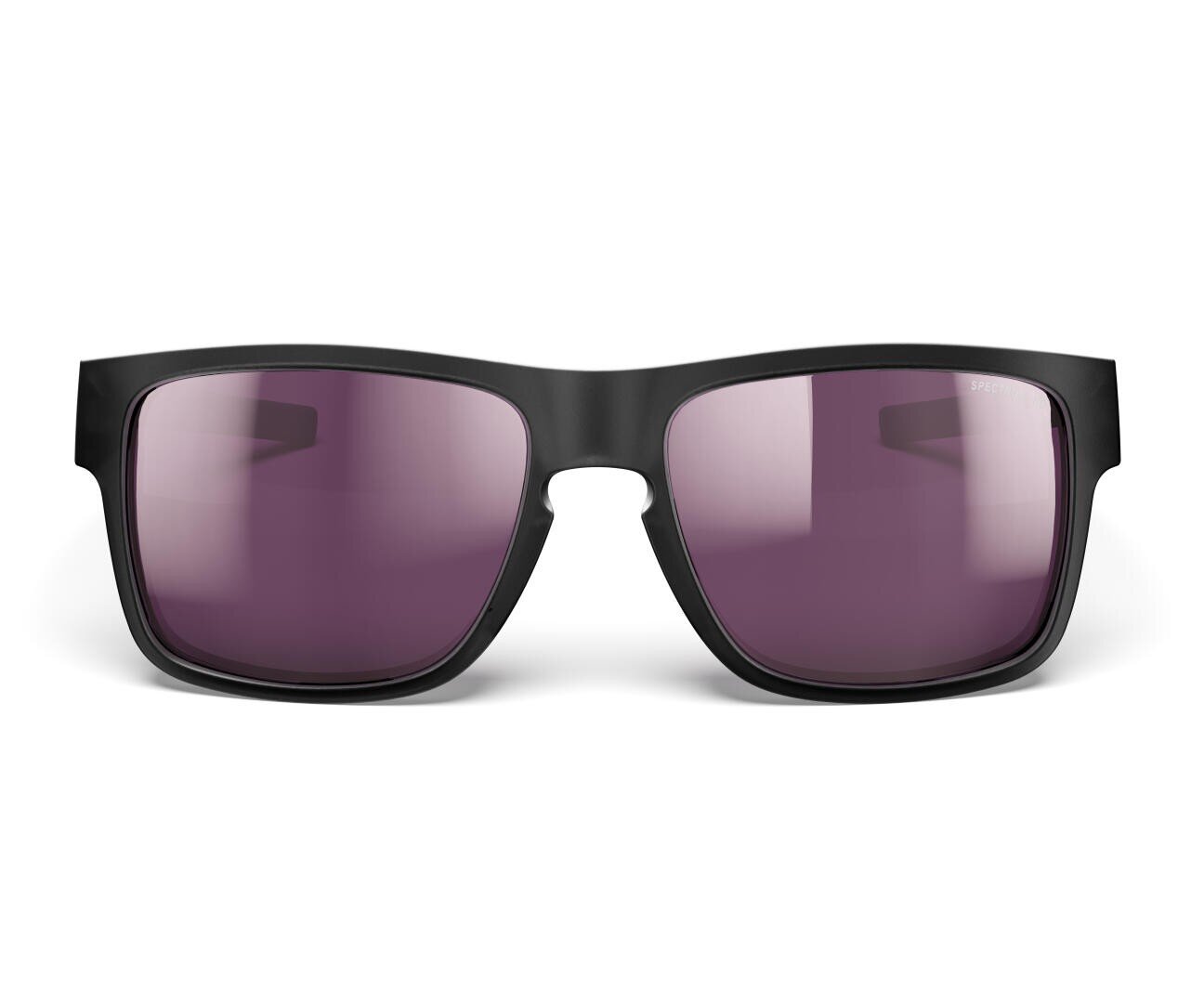 Schwarze rechteckige Sonnenbrille mit lila getönten Gläsern, von vorne vor weißem Hintergrund. Der Rahmen ist solide und modern im Design, mit einem subtilen glänzenden Finish.