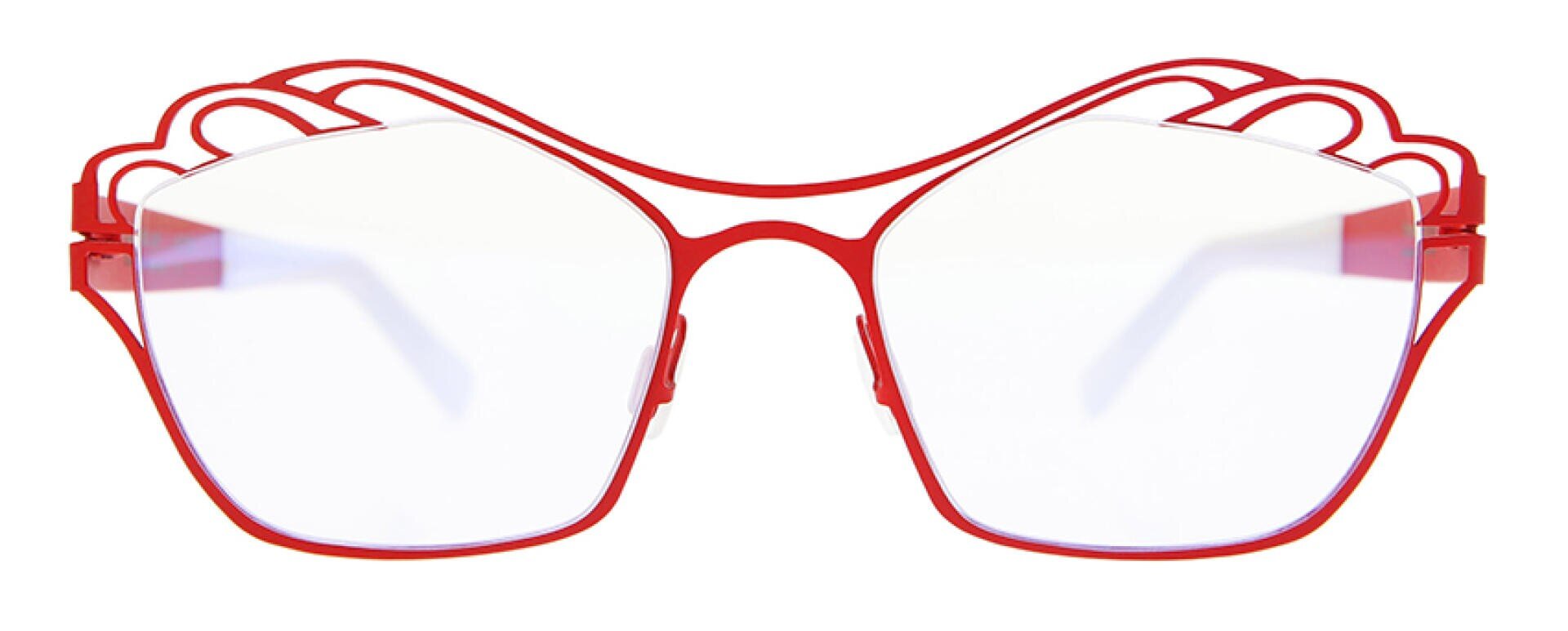 Rote Brille mit einzigartigen, gewellten, mehrschichtigen Metalldetails am oberen Rand, die über den klaren Gläsern ein dekoratives und künstlerisches Design erzeugen.