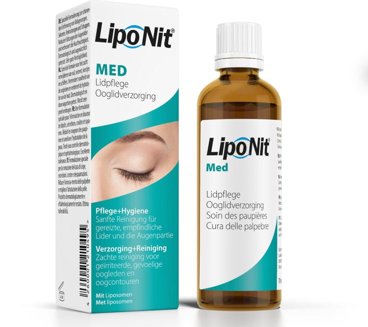 Eine braune Flasche mit der Aufschrift LipoNit Med steht neben der Schachtel, auf der ein geschlossenes Auge in Großaufnahme abgebildet ist und Produktinformationen zur Augenlidpflege in mehreren Sprachen zu lesen sind.