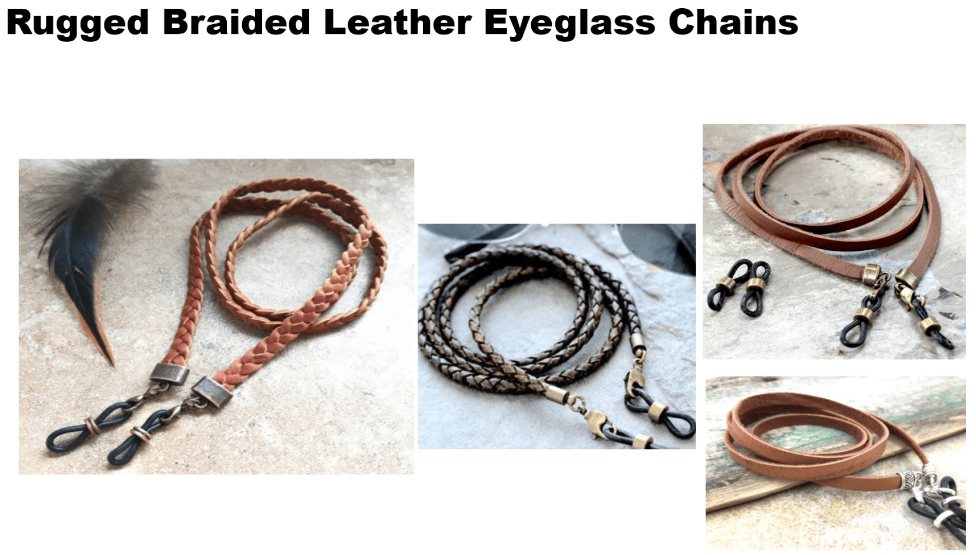 Eine Collage zeigt robuste, geflochtene Brillenketten aus Leder in Brauntönen, jeweils mit Metallclips an den Enden, die aufgerollt oder flach auf rustikalen Oberflächen liegen.