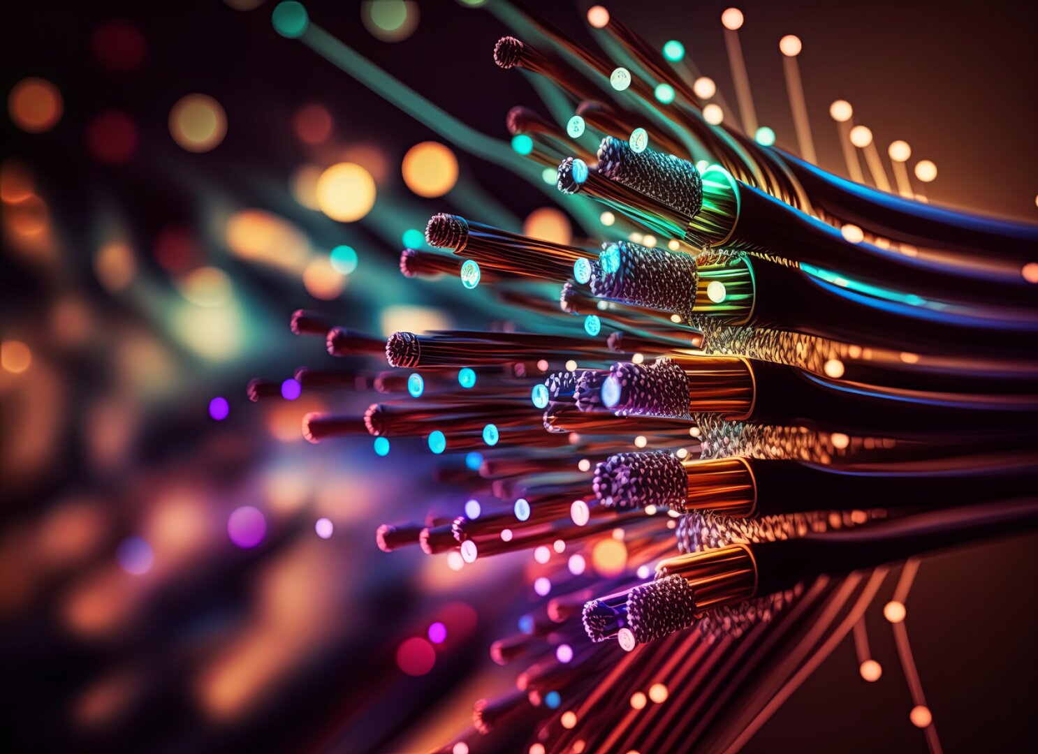 Eine Nahaufnahme von bunten Glasfaserkabeln mit leuchtenden Lichtern an ihren Spitzen vor einem unscharfen Hintergrund aus Bokeh-Lichtern, die Hochgeschwindigkeits-Datenübertragung und moderne Technologie symbolisieren.