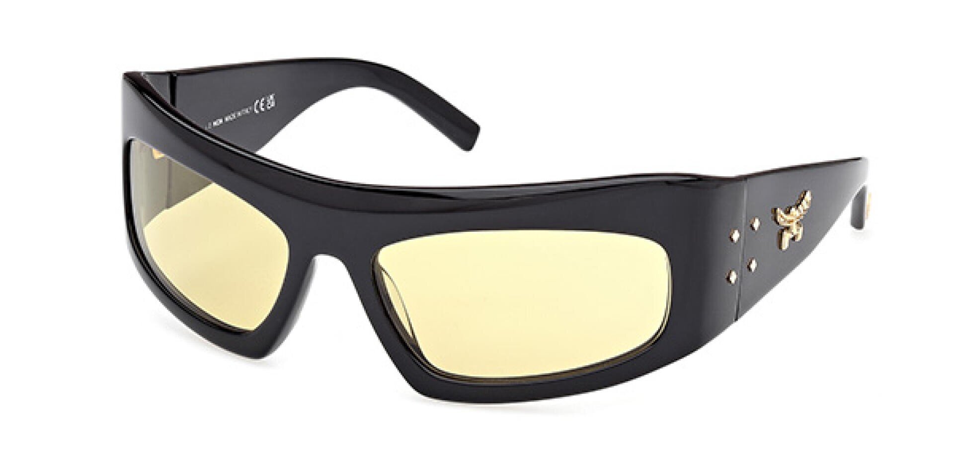 Sleek black sunglasses with rectangular yellow-tinted lenses, silver studs, and a small metal eagle decoration on the wide arms, shown against a white background.
