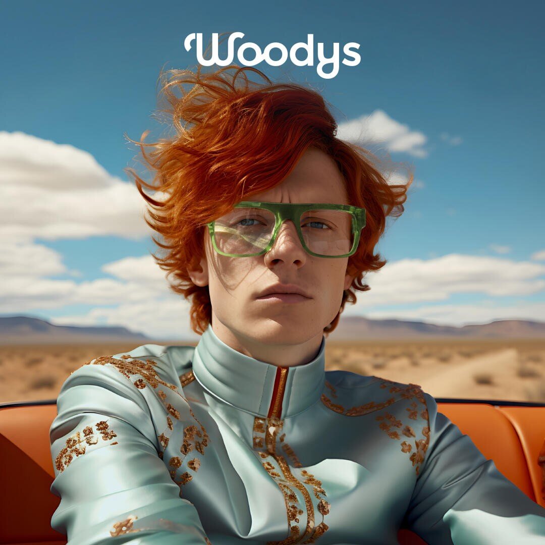Eine Person mit welligem rotem Haar und grüner Brille trägt eine glänzende, bestickte Jacke und sitzt draußen in einer Wüstenlandschaft. Über ihrem Kopf erscheint in weißer Schrift das Wort „Woodys“.