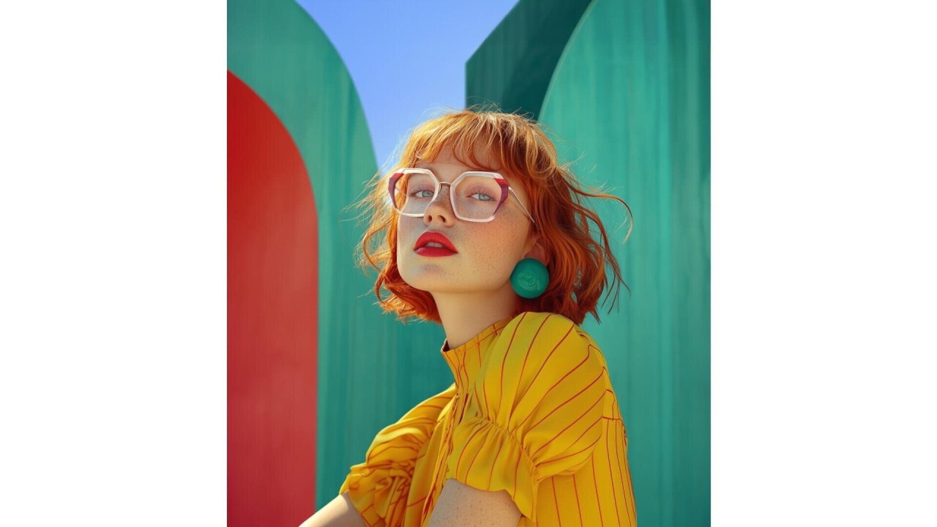 A woman with short red hair, wearing large round glasses, turquoise earrings, and a yellow striped top, poses against a backdrop of colorful curved walls in red, teal, and green under a bright blue sky.