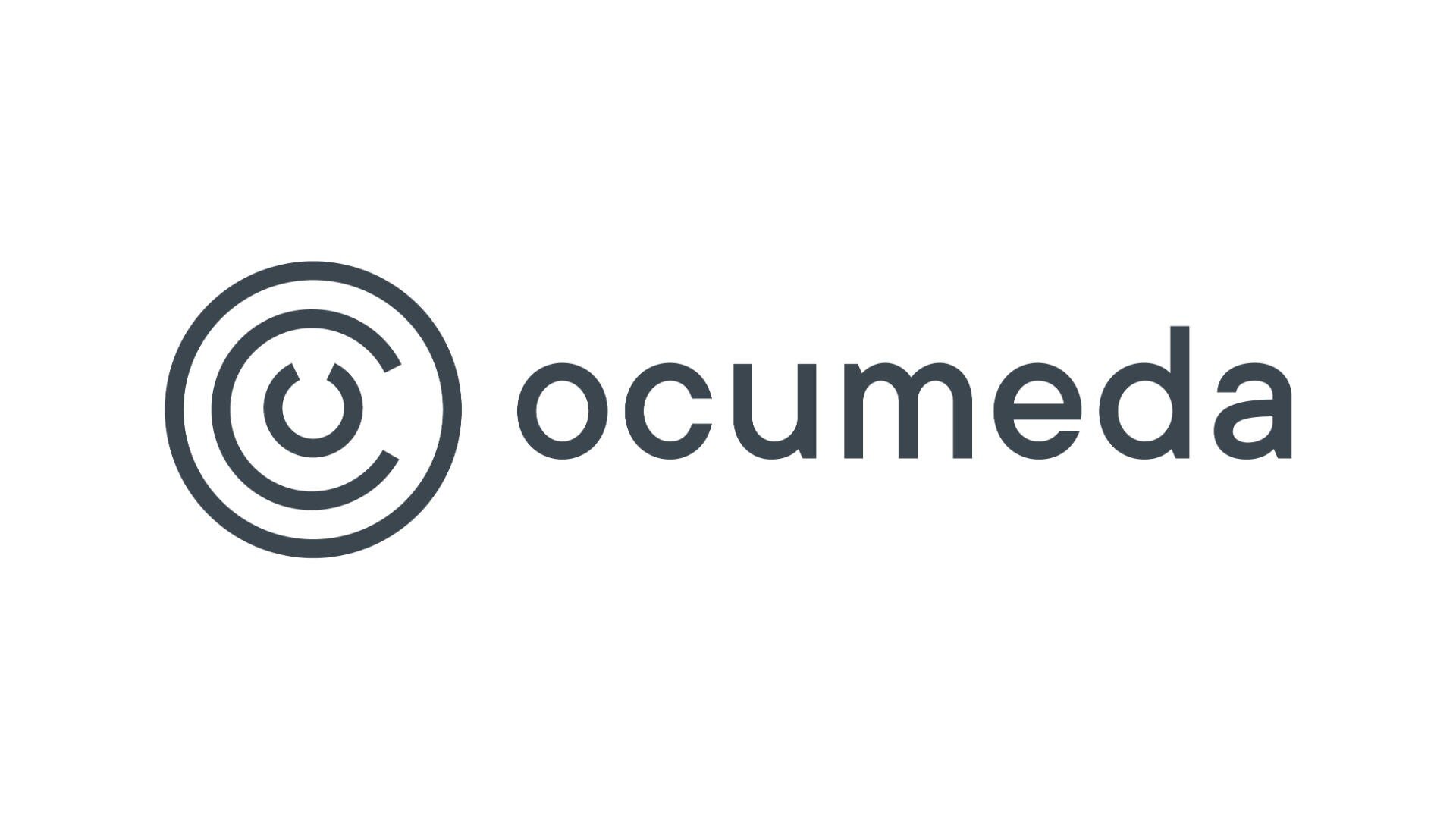 Links neben dem Wort „Ocumeda“ ist in Kleinbuchstaben und dunkelgrauen Buchstaben auf weißem Hintergrund ein graues, kreisförmiges Logo zu sehen, das einem Auge oder einer Zielscheibe ähnelt.