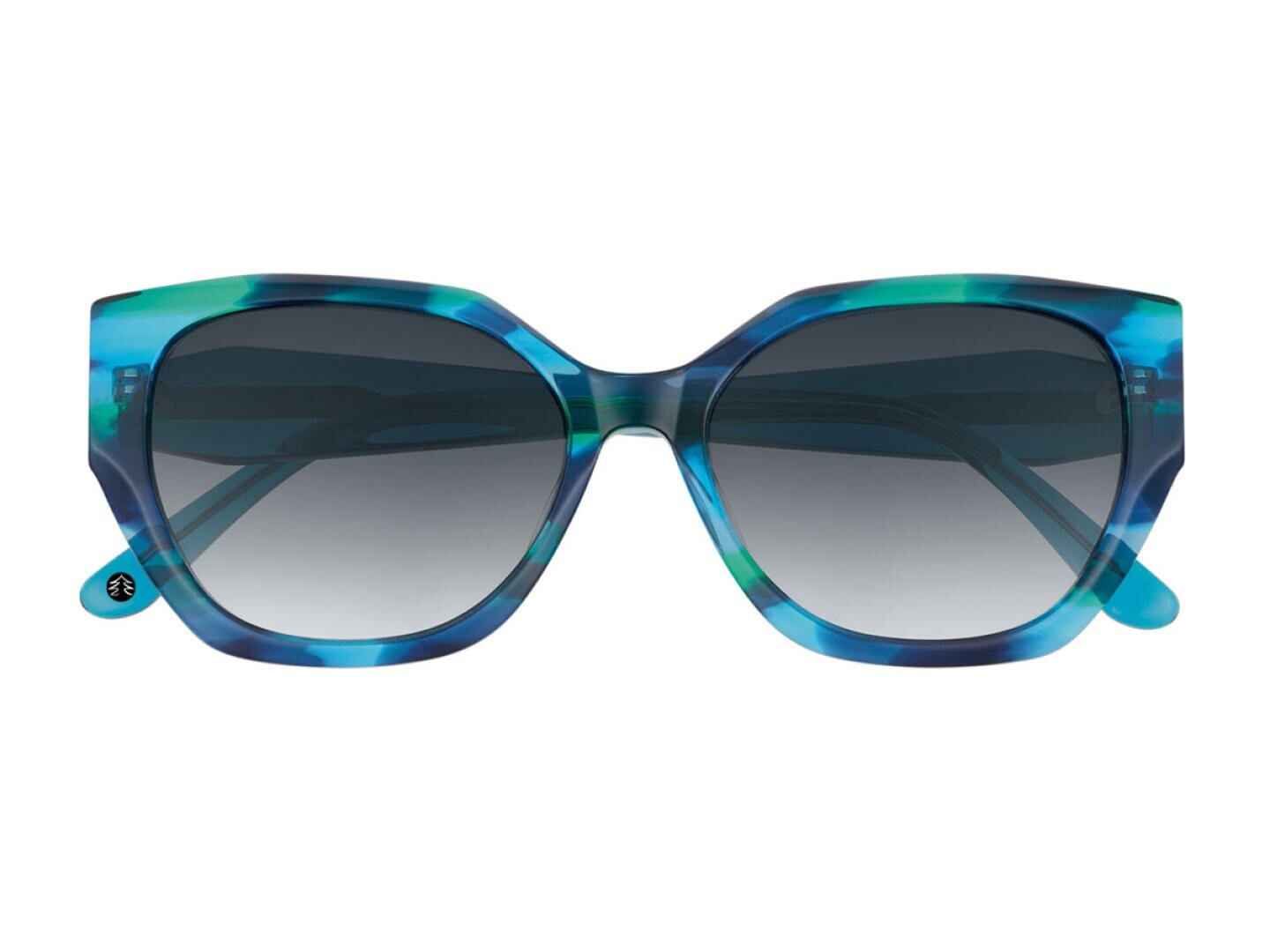 Blaue und grüne Sonnenbrille in Übergröße mit Schildpattmuster und dunklen Verlaufsgläsern, von vorne auf weißem Hintergrund.