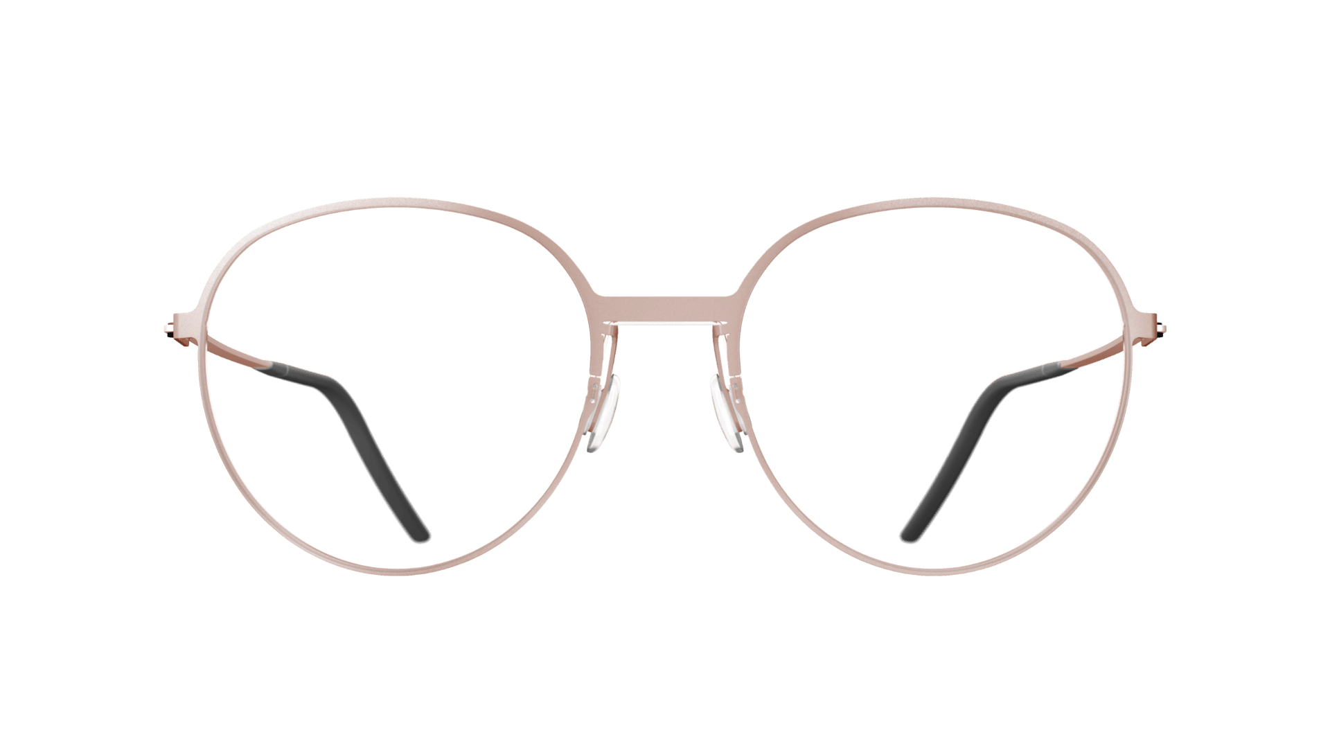 Eine runde Brille mit Metallrahmen, dünnen, hellen Rändern und schwarzen Bügelenden auf transparentem Hintergrund.