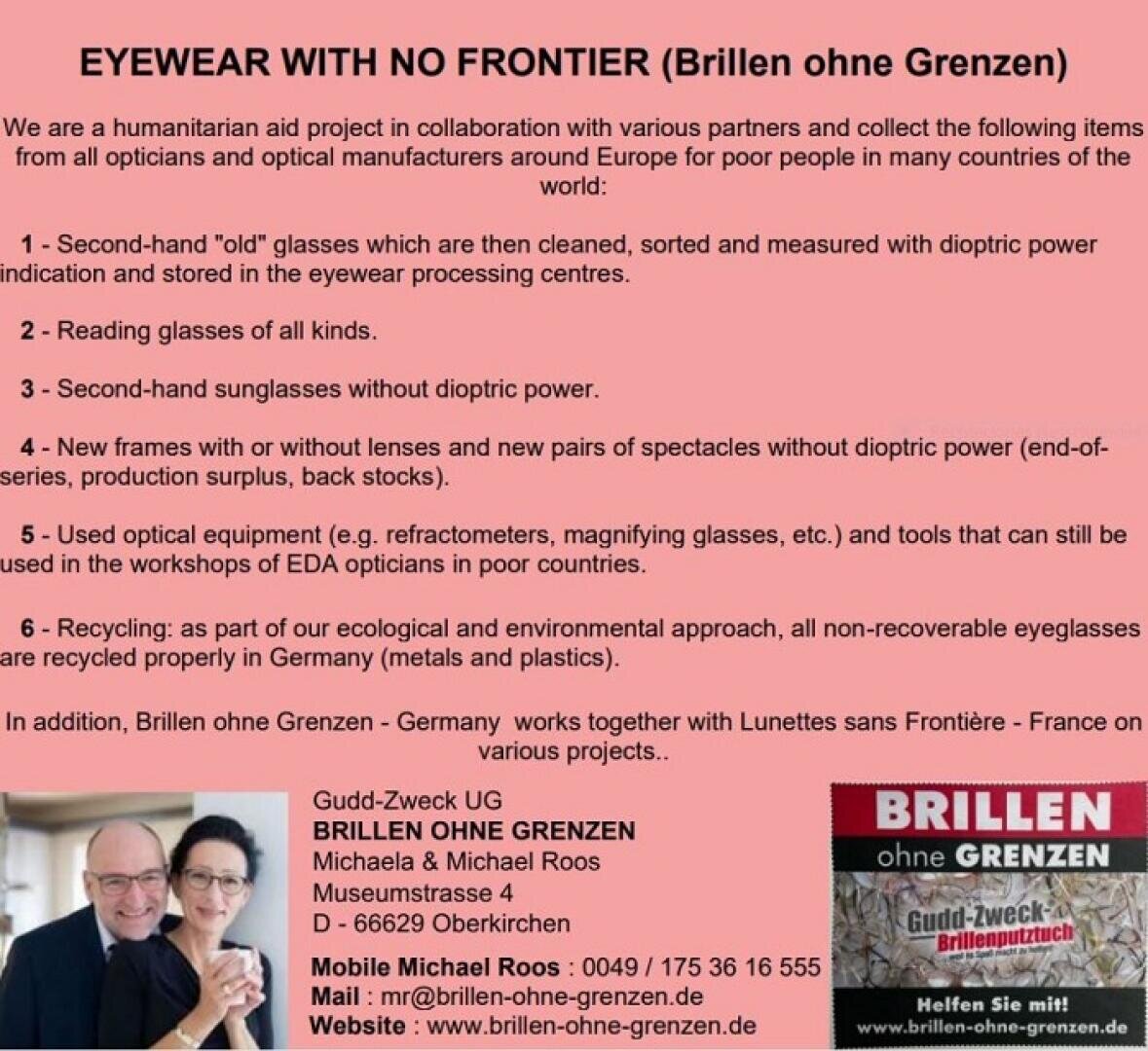 An informational flyer for “EYEWEAR WITH NO FRONTIER,” detailing their humanitarian work recycling and distributing eyewear to those in need, with contact info, a logo, and a photo of two volunteers.