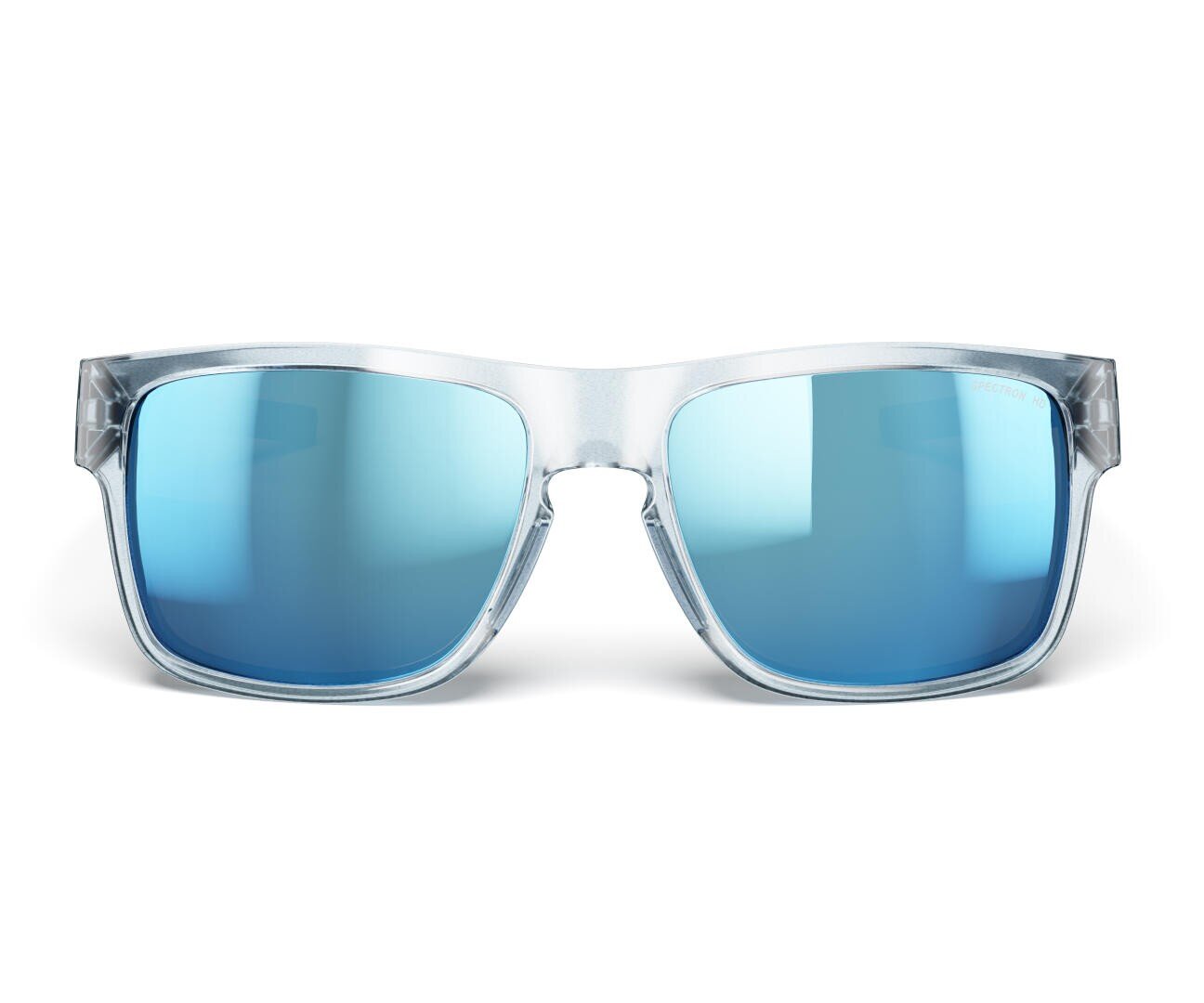 Eine Sonnenbrille mit durchscheinendem Rahmen und reflektierenden blauen Gläsern, von vorne auf weißem Hintergrund dargestellt.