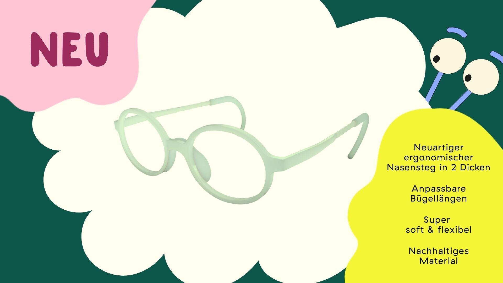 Hellgrüne runde Brillengläser sind auf einer weißen Wolkenform zentriert, die von bunten Klecksen umgeben ist. Text-Highlights: neuartiger ergonomischer Nasensteg, anpassbare Bügellängen, super soft & flexibel, und nachhaltiges Material.