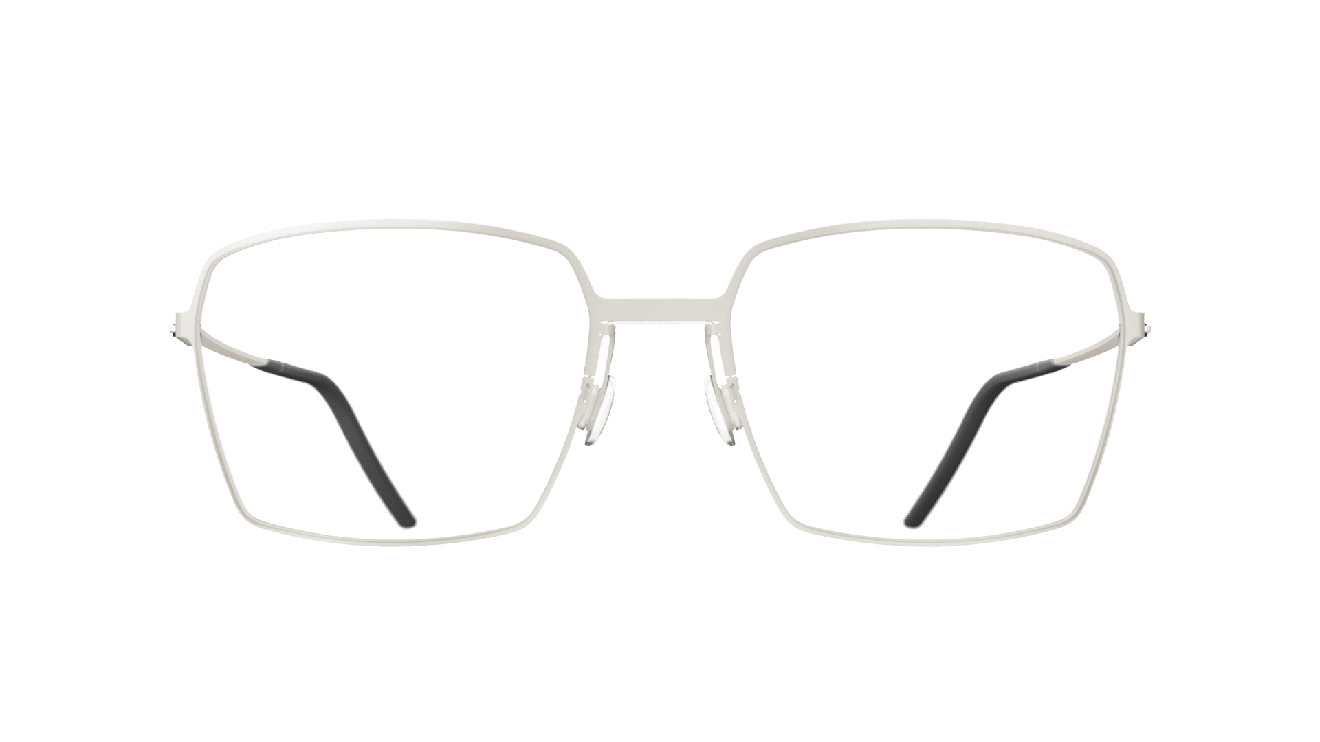 A pair of white, geometric eyeglass frames with slightly rounded square lenses and black temple tips, shown on a transparent background.