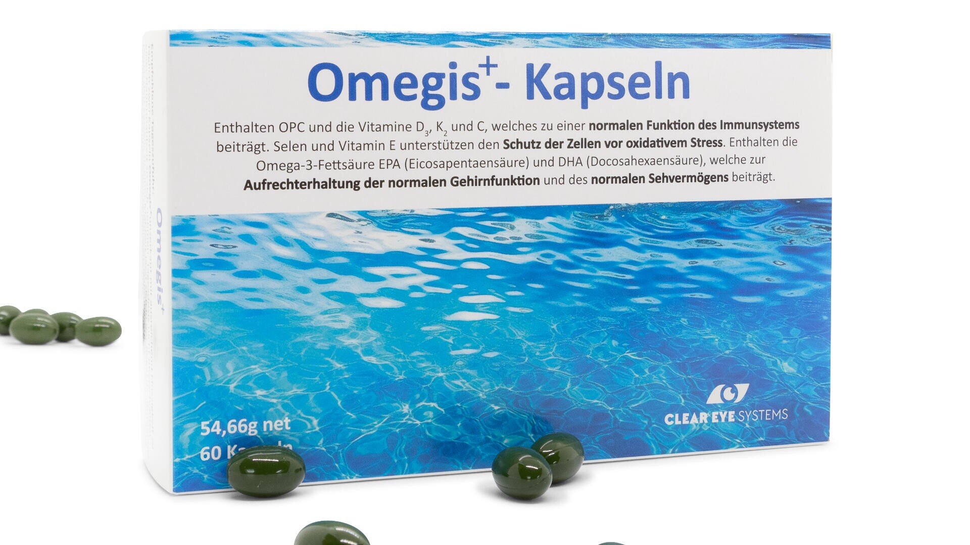 Eine Packung des Nahrungsergänzungsmittels Omegis+ Kapseln ist vor weißem Hintergrund abgebildet. Vor der Packung sind mehrere grüne Kapseln verstreut. Die Verpackung ist mit blauen Wassergrafiken und deutschem Text versehen.