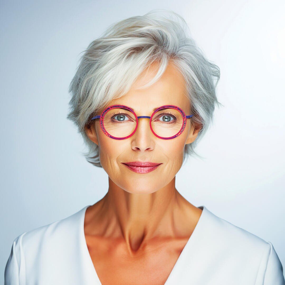 A confident older woman with short white hair wears round, colorful glasses and a white top, smiling slightly against a bright, plain background.