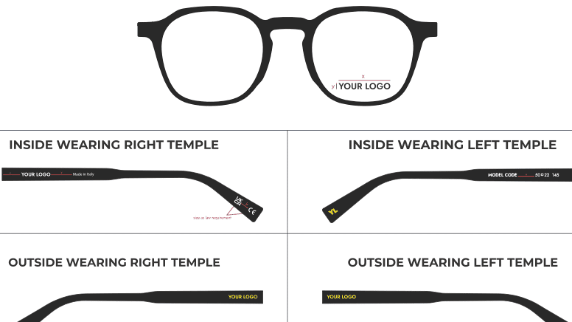 Abbildung eines schwarzen Brillengestells mit markierten Bereichen für die Platzierung individueller Logos: Vorderseite, Innenseite des rechten Bügels, Innenseite des linken Bügels, Außenseite des rechten Bügels und Außenseite des linken Bügels. An jeder Position werden Beispiellogos angezeigt.