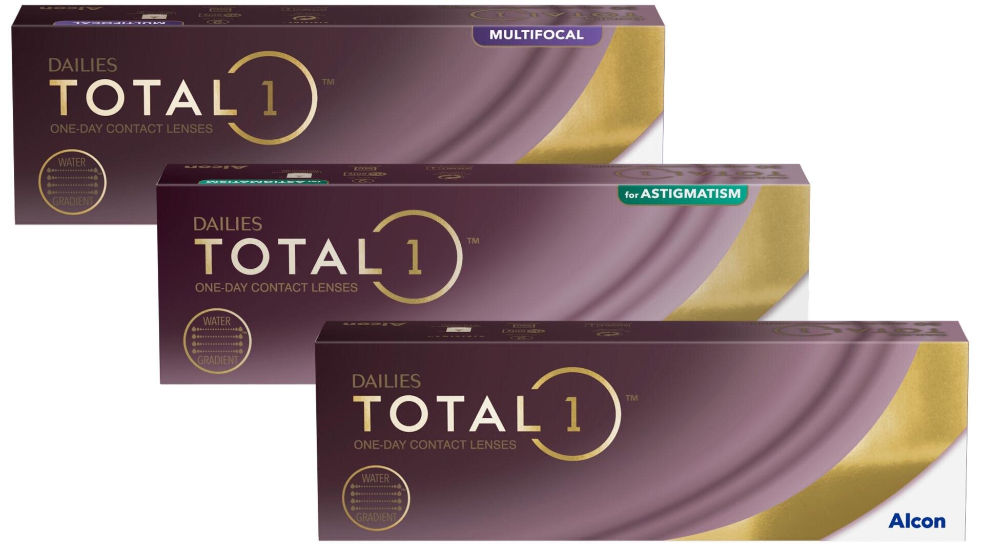 Drei Schachteln DAILIES TOTAL1 Ein-Tages-Kontaktlinsen in lila und goldener Verpackung, beschriftet für multifokale, astigmatische und Standard-Kontaktlinsen, mit dem Alcon-Logo in der unteren rechten Ecke.