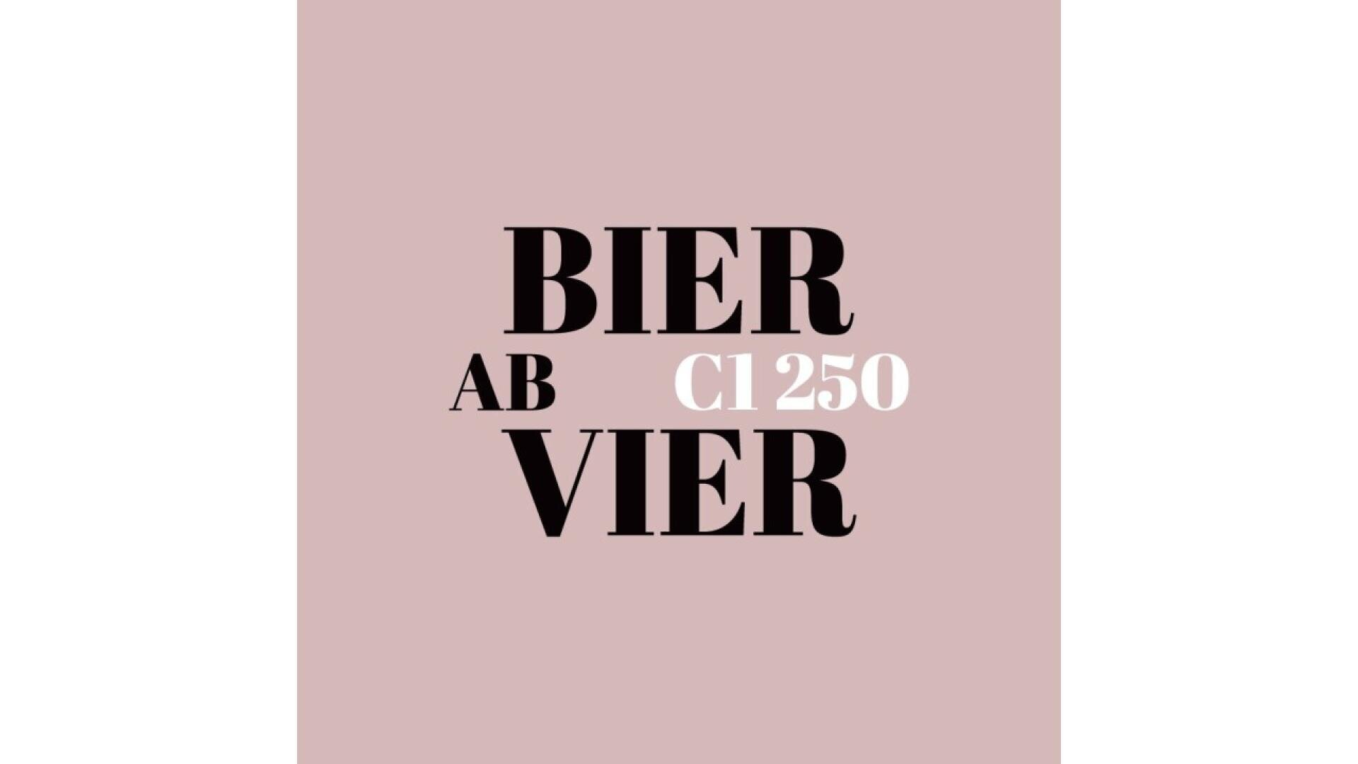 Text on a light mauve background reads: BIER AB VIER in bold black letters, with CI 250 in smaller white letters placed between AB and VIER.