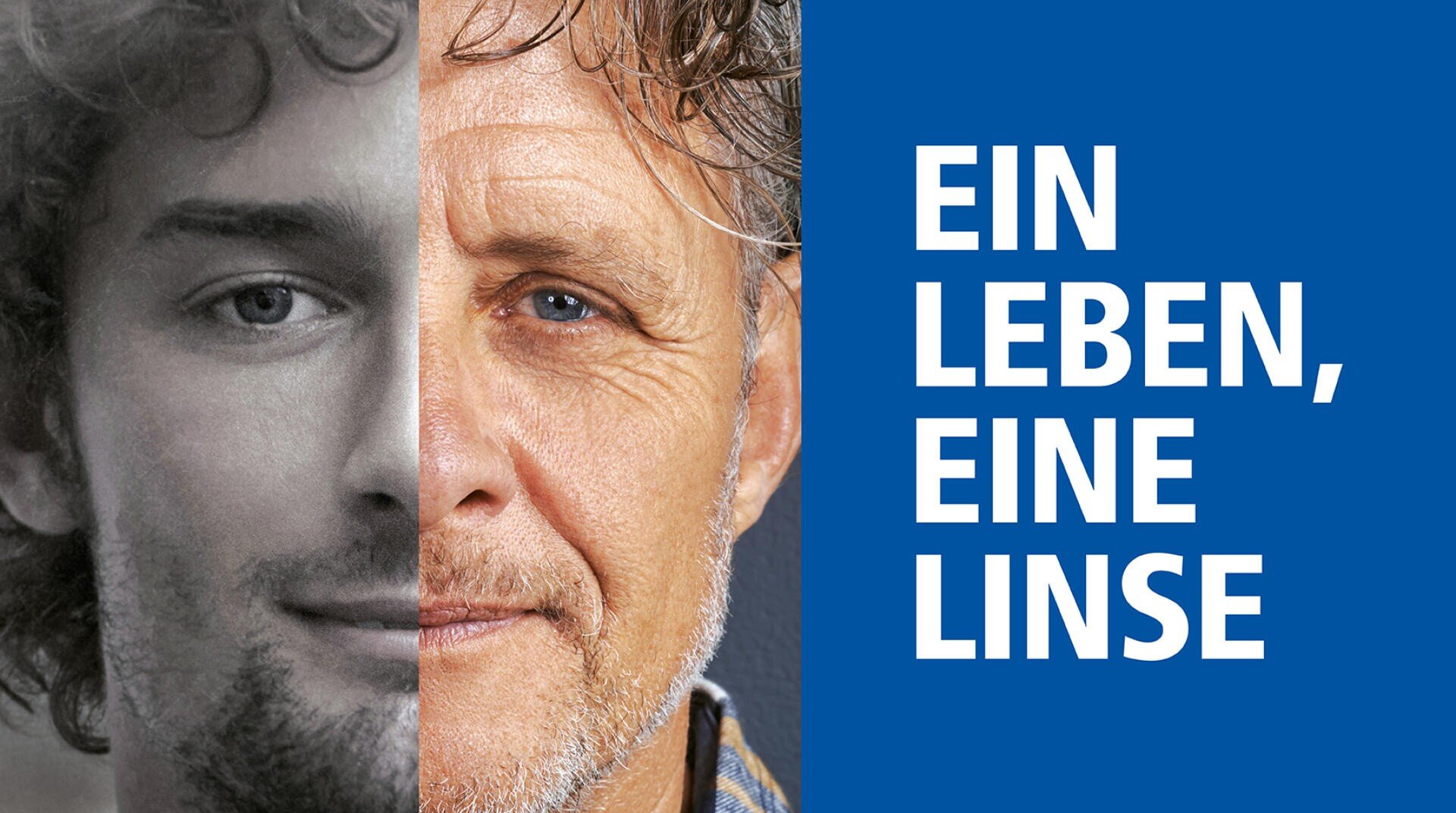 Ein geteiltes Bild zeigt die Hälfte des Gesichts eines jungen Mannes in Schwarz-Weiß und die Hälfte des Gesichts eines älteren Mannes in Farbe. Neben dem Bild steht auf blauem Hintergrund der Text „EIN LEBEN, EINE LINSE“.