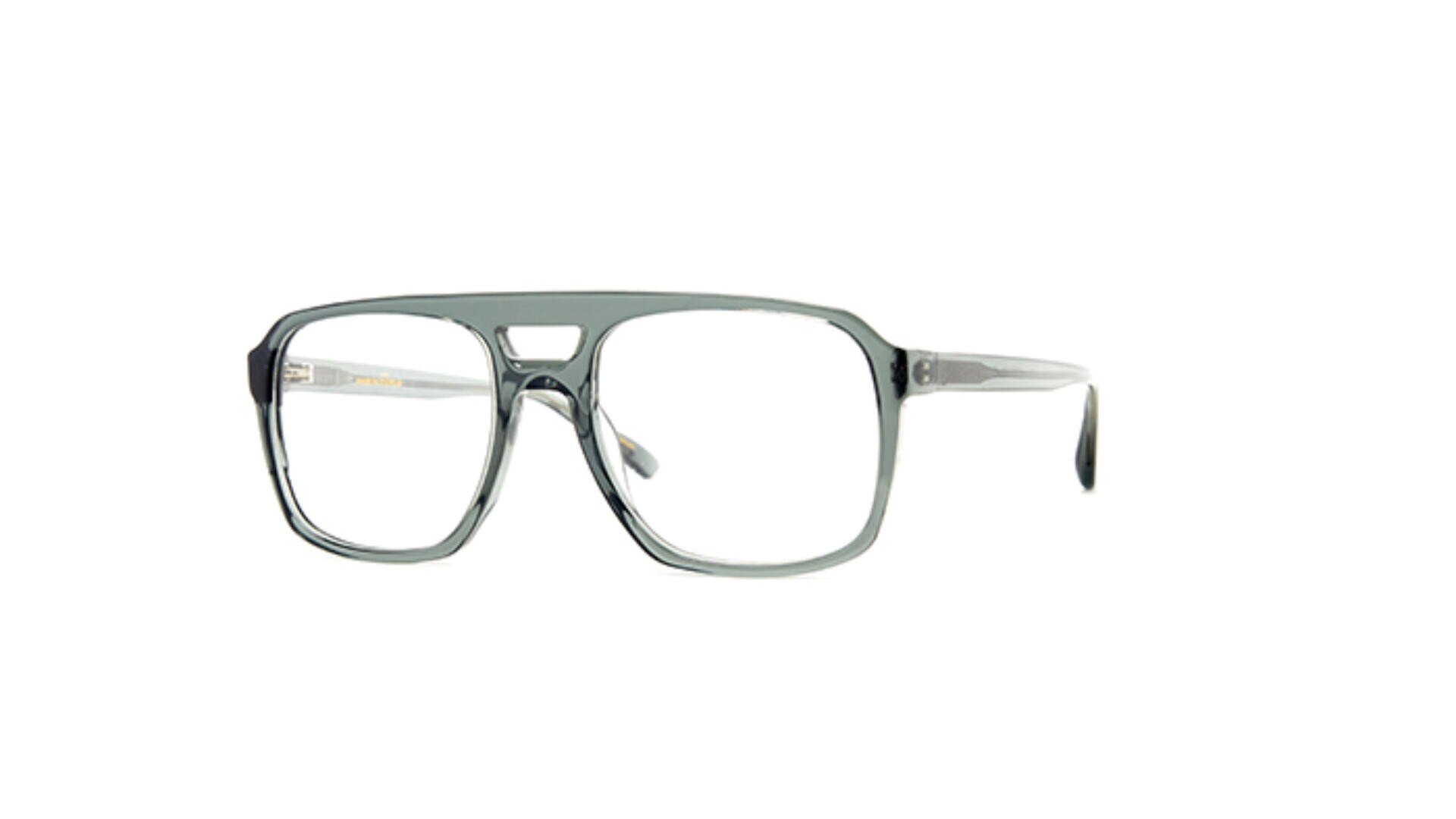 A pair of transparent gray eyeglasses with large, rectangular frames and a double bridge, displayed on a white background.