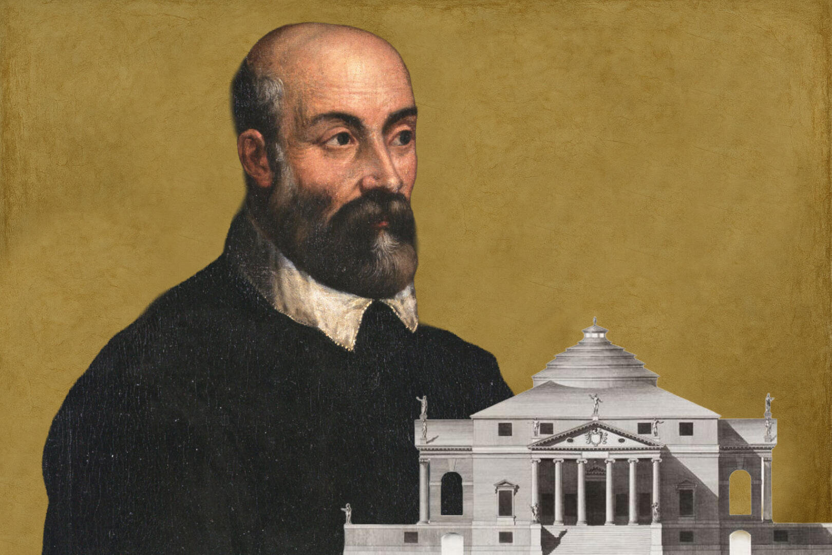 Portrait of a bearded man in dark clothing with a white collar against a golden background, with the image of a classical building with columns and statues in the foreground.