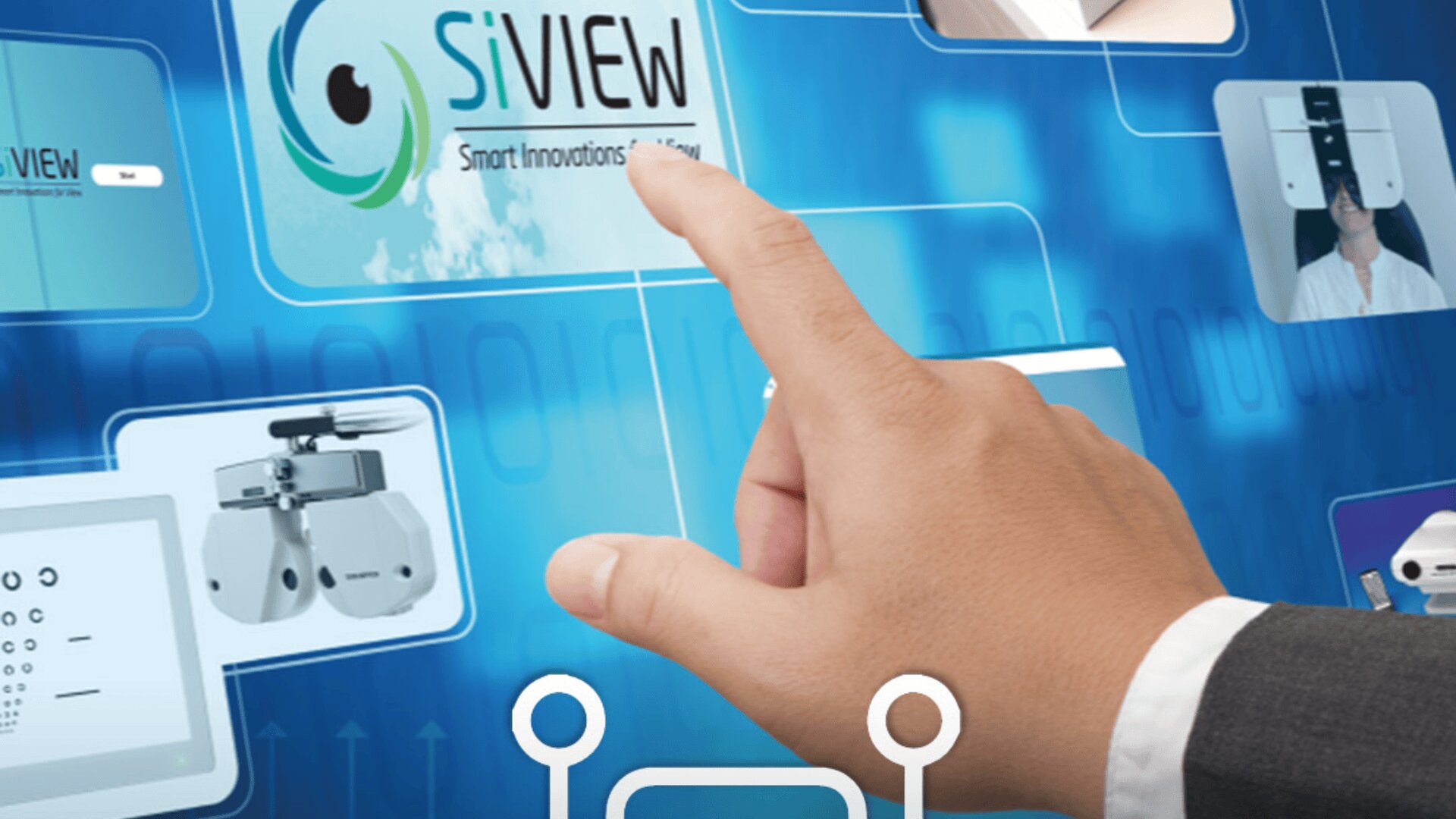 Die Hand einer Person berührt einen digitalen Bildschirm, auf dem das SiVIEW-Logo zusammen mit verschiedenen technologiebezogenen Symbolen und Bildern angezeigt wird, was die Interaktion mit modernen intelligenten Innovationen und digitalen Lösungen nahelegt.