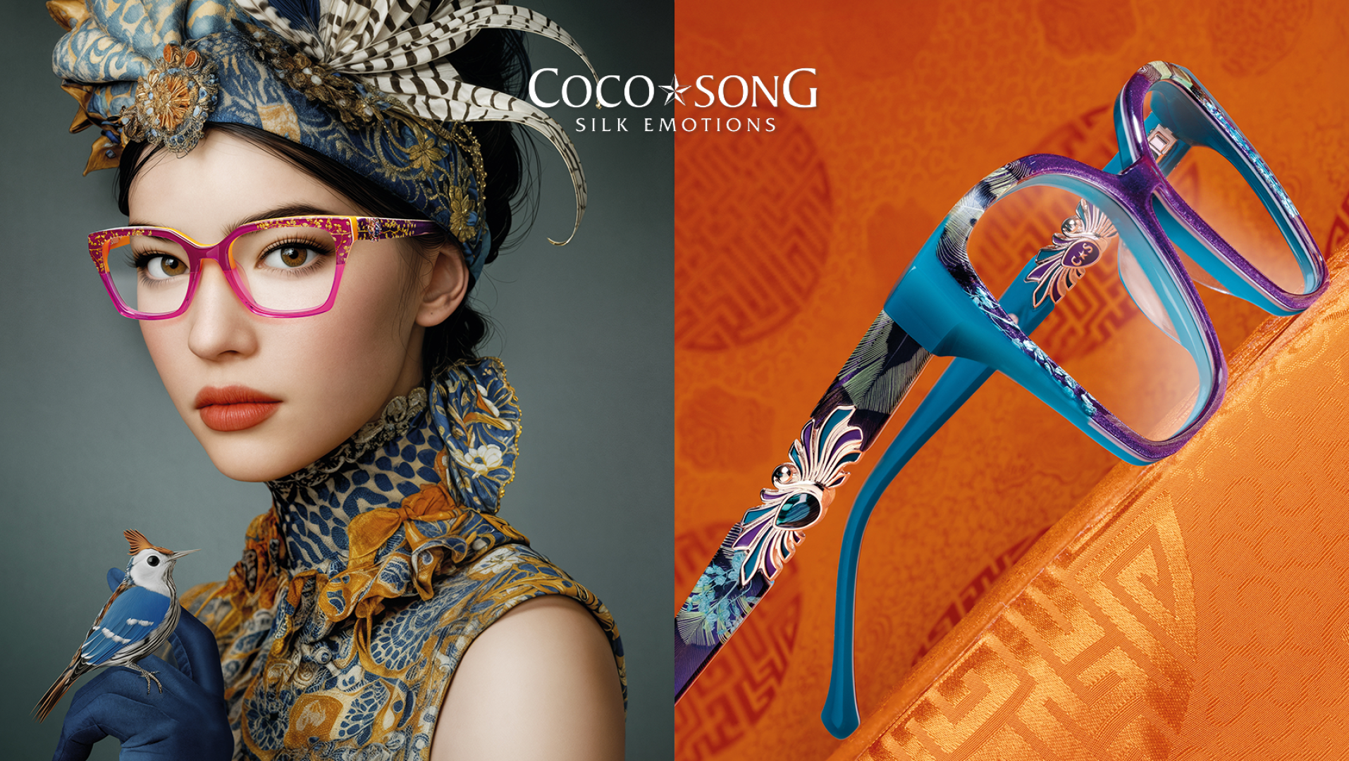 A woman in colorful, patterned clothing and a feathered headdress wears bright pink glasses and holds a blue bird. Next to her is a close-up of blue and purple patterned spectacle frames on an orange fabric background.