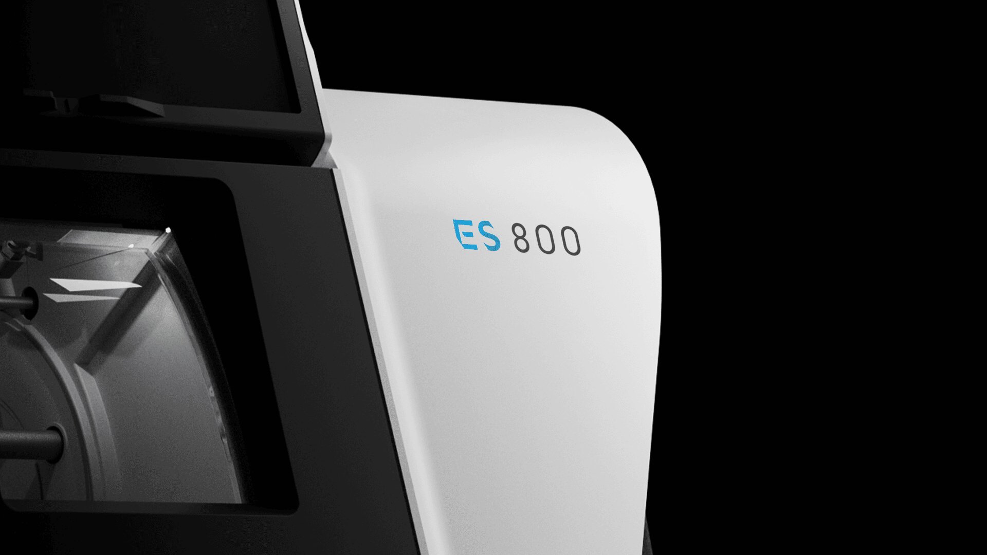 Nahaufnahme eines modernen weiß-schwarzen Geräts mit der Aufschrift ES 800 in blauer und grauer Schrift vor einem schwarzen Hintergrund. Das Gerät hat ein schlankes, geschwungenes Design und eine glänzende Anzeigetafel.