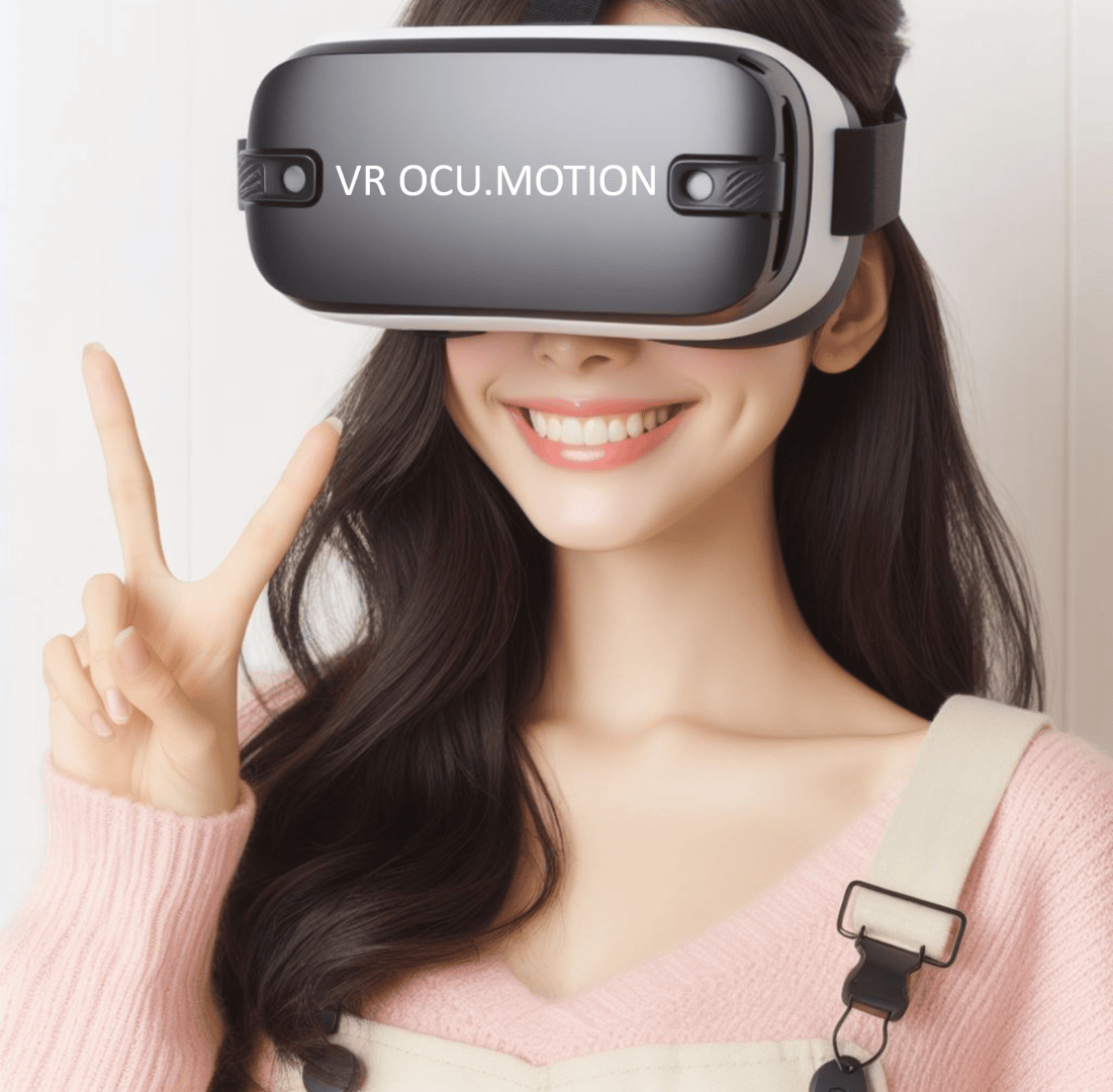 A smiling woman wearing a virtual reality headset labeled VR OCU.MOTION makes a peace sign with her hand. She has long dark hair and is dressed in a pink sweater and a beige jumpsuit.