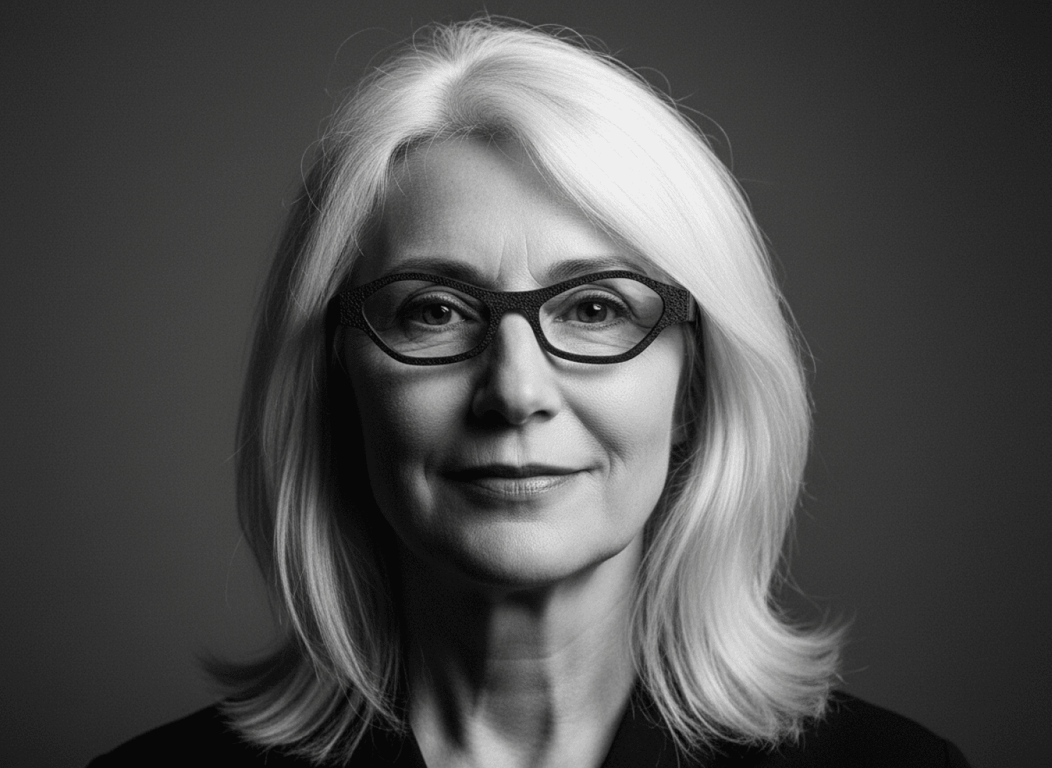 A self-confident older woman with straight, shoulder-length white hair and glasses, wearing a dark top, looks directly into the camera against a plain, dark background. The picture is in black and white.