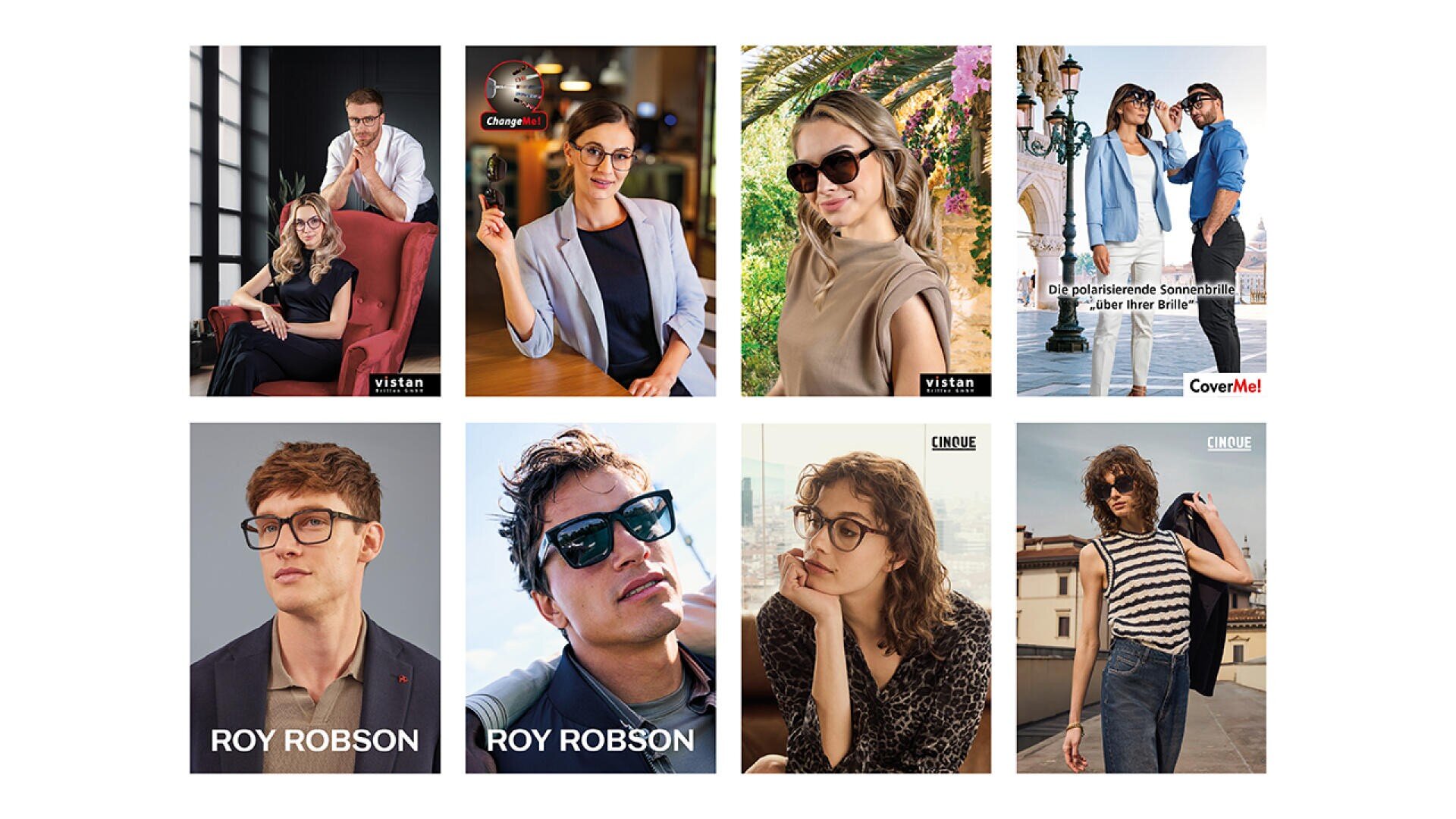 Eine Collage aus acht Bildern zeigt Männer und Frauen, die Brillen und Sonnenbrillen in verschiedenen Umgebungen modellieren, darunter drinnen und draußen, wobei auf einigen Bildern die Markennamen VISTAN, COVER ME, ROY ROBSON und CINQUE zu sehen sind.