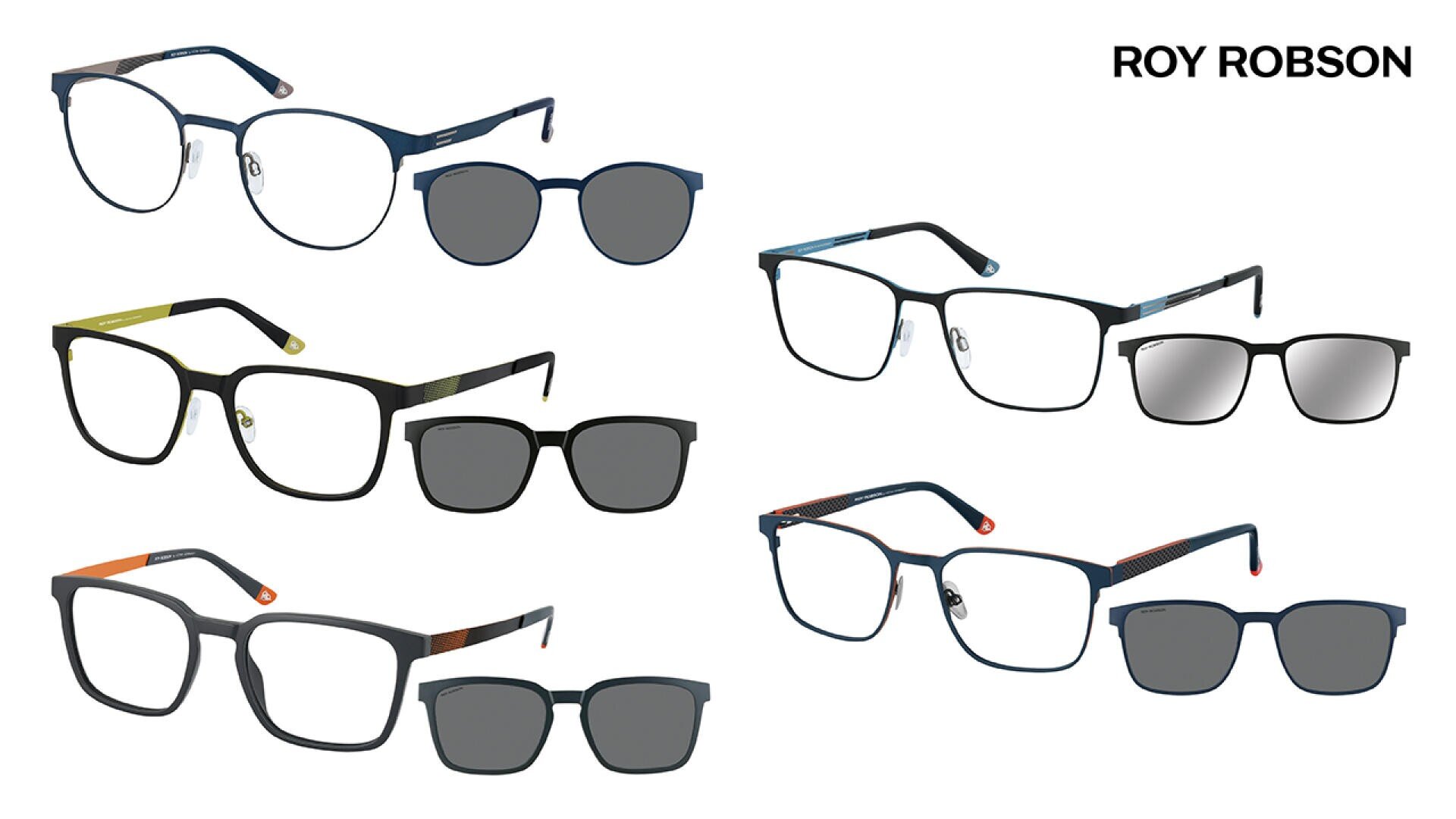 Sechs Brillen und Sonnenbrillen werden paarweise mit passenden Rahmen gezeigt. Das Roy Robson-Logo erscheint in der oberen rechten Ecke auf weißem Hintergrund.