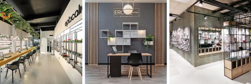 Drei moderne Optometrie-Praxen: die erste mit weißen Wänden und Grünpflanzen, die zweite mit einem stilvollen Schreibtisch und geometrischen Regalen und die dritte mit Glasvitrinen und einer Einrichtung im industriellen Stil.