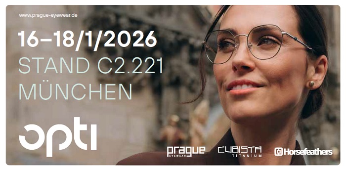Eine Frau mit runder Brille lächelt im Freien. Der Text lautet: 16-18/1/2026, Stand C2.221, München, opti. Am unteren Rand erscheinen Logos für prague eyewear, Cubista Titanium und Horsefeathers.