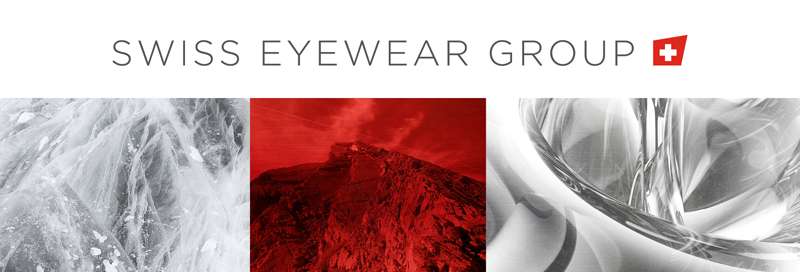 Banner mit dem Text SWISS EYEWEAR GROUP und einem roten Schweizer Flaggensymbol über drei abstrakten Bildern: eisige Muster, ein rot gefärbter Berg und geschwungene reflektierende Flächen.