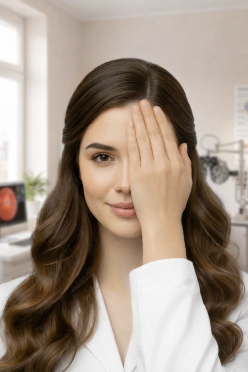 A woman with long brown hair covers one eye with her hand, smiling slightly, in a bright room with medical equipment, suggesting an eye examination.