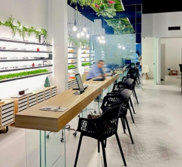 Modernes Optikergeschäft mit einem langen Holztresen, schwarzen Stühlen und Regalen mit Brillenauslagen. Hängepflanzen und Pendelleuchten schmücken den Raum. Hinter dem Tresen ist eine Person in Bewegung zu sehen. Das Ambiente ist hell und sauber.