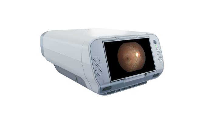 Ein medizinisches Gerät mit einem eingebauten Bildschirm, der ein detailliertes Bild der Netzhaut des Auges anzeigt, das für die Netzhautabbildung oder Augenuntersuchungen verwendet wird. Das Gerät ist weiß und rechteckig mit Lautsprechern auf jeder Seite des Bildschirms.