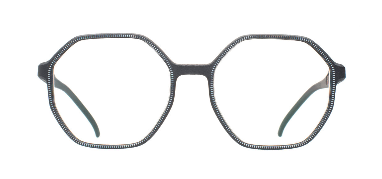 Black, octagonal eyeglass frames with a subtle white dotted pattern along the edges, displayed on a white background and photographed from the front.