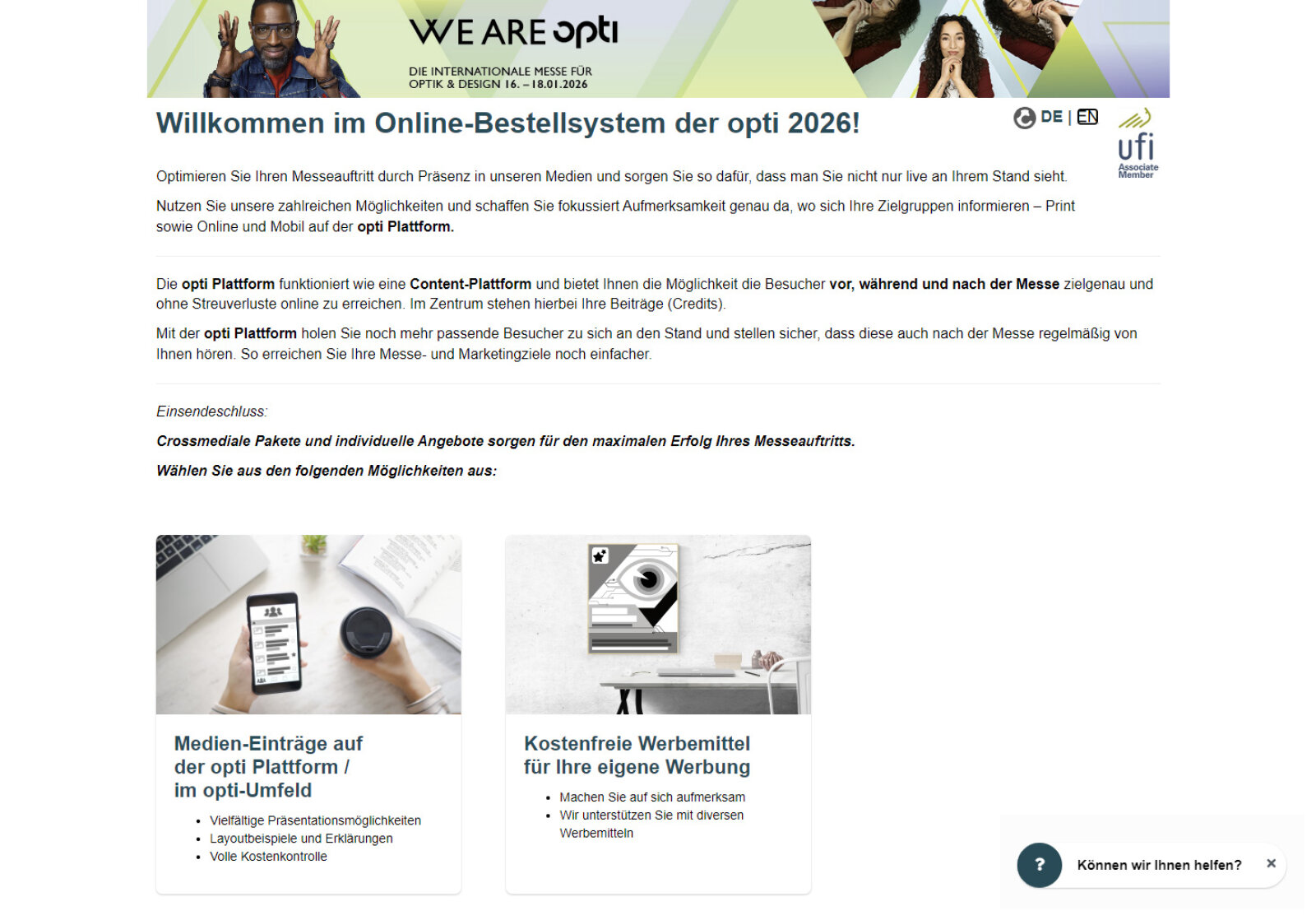 Screenshot der Webseite des WE ARE opti Online-Bestellsystems in deutscher Sprache mit Begrüßungstext, Plattformfunktionen, Servicekategorien mit Icons und Navigationsmöglichkeiten für Aussteller der Opti-Messe 2026.