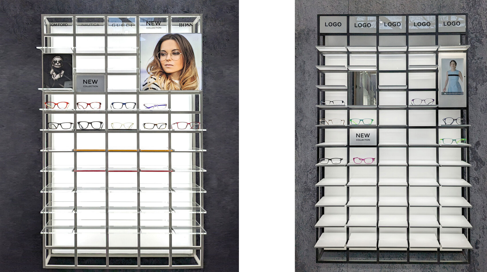 Zwei Brillenregale: das eine gefüllt mit verschiedenen Brillen, Fotos und Schildern, das andere größtenteils leer mit nur ein paar Schildern und einem kleinen Bild, beide vor einem grauen Wandhintergrund.