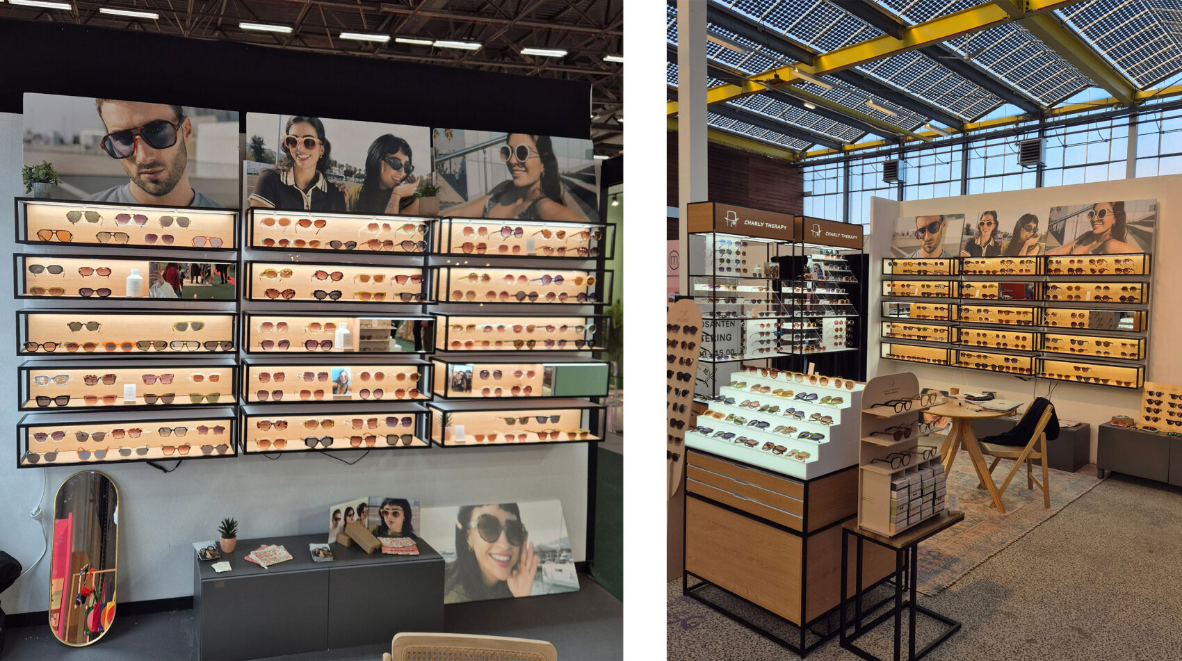 Two displays of sunglasses are shown in well-lit retail spaces, featuring rows of various eyewear styles. Large posters of models wearing sunglasses are mounted above the shelves. Tables and promotional materials are visible nearby.