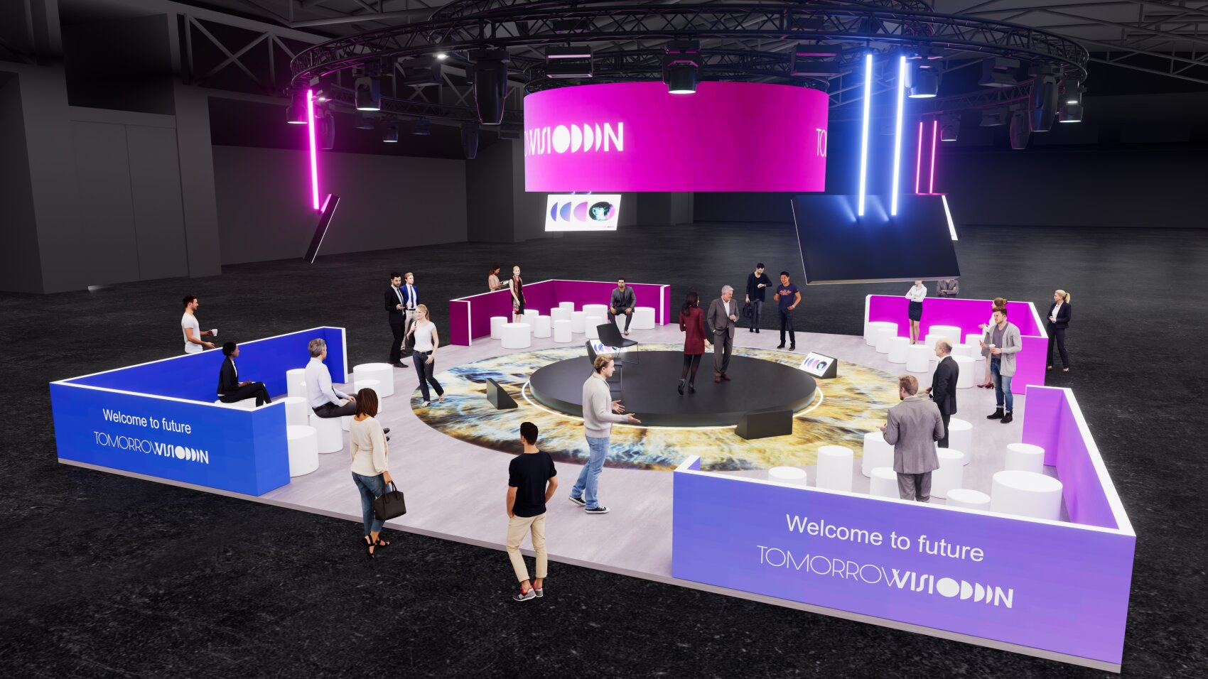 A modern exhibition booth with neon lights, labeled “Welcome to future” and “Tomorrow Wisdom,” featuring a central circular stage, digital screens, and people interacting around the area.